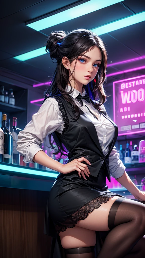 a lady, permanent, bartender, ((Black vest with white shirt) black tie), (black skirt with black lace stockings high heels), Stylish clothing, adult, Sexy, black hair, very long wavy hair, half updo half up half down, shine blue eyes, long upper eyelashes, most detailed eyes, light makeup, seductive expression eyes, (seductive smile:0.8), (Masterpiece best quality:1.2) Exquisite illustrations and super detailed, Medium breast, detailed face, high quality hair, super detailed finger, BREAK, ((Colorful neon lights:1.37) hang on the wall), (Neon tube:1.37), glowing, rest, (Fashion bar:1.2), indoors, ((cocktail glass) Filled with colorful wine), (The room is dimly lit), wine bottle, Art Deco, Detailed background, BREAK, Super textured skin, super detail face, perfect face, Super fine facial details, beautiful and delicate eyes, perfect eyes, correct limbs, (correct finger), super detail finger, best hair quality, best clothing quality, best prop quality, best backgroud detail and quality, anatomically correct, best quality, highres, award winning