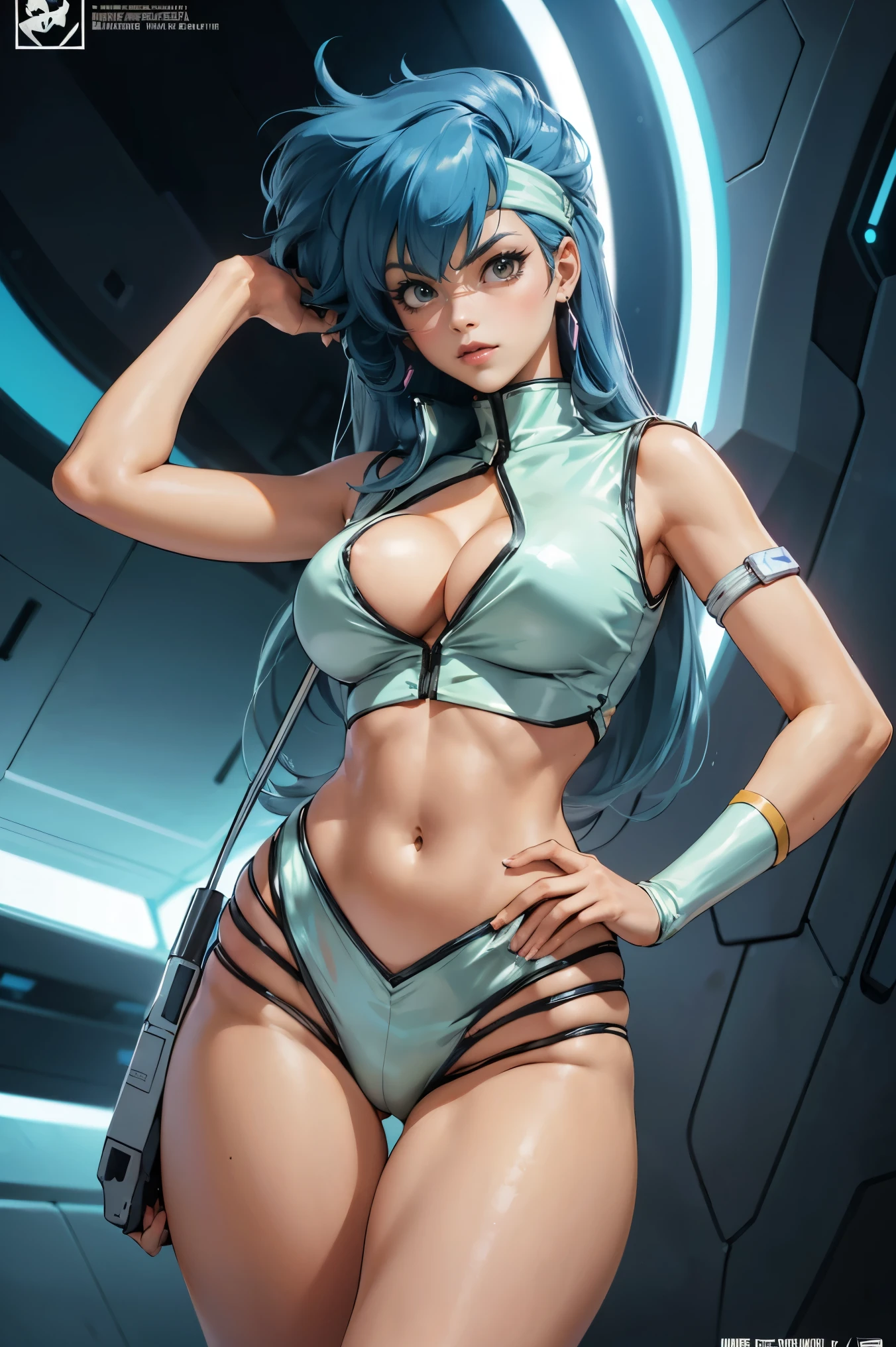 Yuri from The Dirty Pair, , wearing a tight outfit, light sage uniform, light blue uniform, skimpy, medium breast, (long hair), dark blue hair, long smooth hair, beauty, cyberpunk city background, holding retro space-gun, cleavage, slim waist, slim thighs, thigh gap, (light yellow uniform), show belly