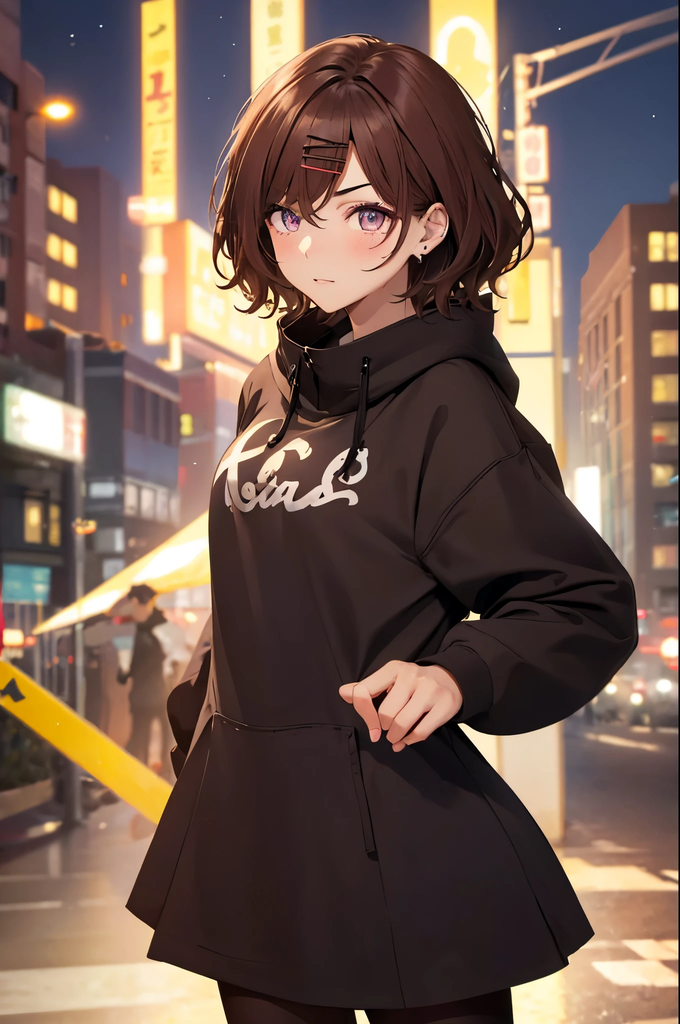 ((masterpiece, highest quality)), octane, null, star (null), scenery, starry null, night, 1 girl, night null, alone, outdoor, building, cloud, milky way, sitting, wood, long hair, city, silhouette, cityscape,city seen from a distance, Tokyo, city billboard, 1 milky way in the null, (1girl:1.3),(Perfect hands:1.3),(Perfect Anatomy:1.3), (master piece:1.3),(best quality:1.3), detailed,8k ②th:high resolution,beautiful detailed eyes, cute eyes, sparkling pupils, Intricate Iris Details, Captivating Eye Reflections, Sparkling Highlights in the Eyes, Depth and Dimension in the Pupils, Subtle Color Variations in the Iris, Meticulous Eyelash Details, detailed eyes, ③Lighting:Best Illumination, Part ④⑤: ultra-detailed face,detailed skin, ⑥Body shape:(slender body type:1.3), Seven heads, small head, ⑦Skin: ⑧Expression:(blush:1.1), Looking at Viewer, waiting for a kiss, ⑨Style: ⑩Subject:Oh Madoka, (mole under eye:0.8)、aamadoka,(mole under eye:0.8),short hair,bangs,hairclip,black sweater,hood,long sleeves,collared shirt,plaid skirt,grey skirt,(black pantyhose:1.4), thighband pantyhose,loafers,brown footwear, short hair、bangs、Hair clip ⑪Hair: shiny hair, floating hair, short hair, brown hair, mole under eye, mole, hair ornament, hairclip, BREAK ⑫Environment: ⑬Composition: ⑭Costume : piercing, (wrinkles between eyebrows:1.3)、