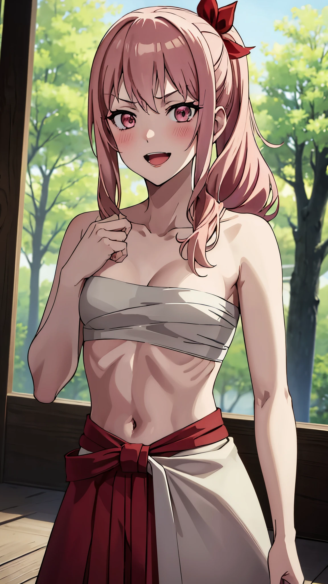 short girl, masterpiece, highres, solo, 8k, detailed, perfect face, best quality, (ultra high quality), (looking at viewers), (armpit), collarbone, bare arms, bare shoulders, flat chests, cleavage, pink hair, long hair, side ponytail hair, red ribbon, pink eyes, belly, stomach, navel, abs, sarashi chest, bandaged breast, (red hakama), slim body, upper body, smile, blush, open mouth, at forest, hand up