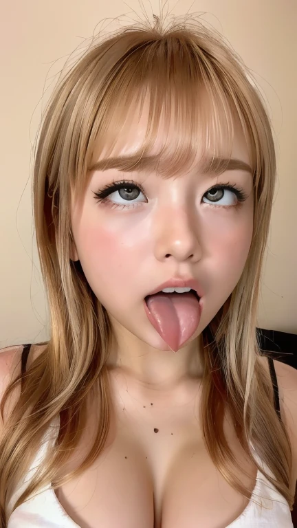 Japanese woman, beautiful girl, gal, blonde, , highest quality realistic skin, eyes in focus, 20 years old, sticking out tongue, focus on mouth, open mouth, long tongue, saliva, open mouth wide, inside of mouth visible, open mouth and sticking out tongue