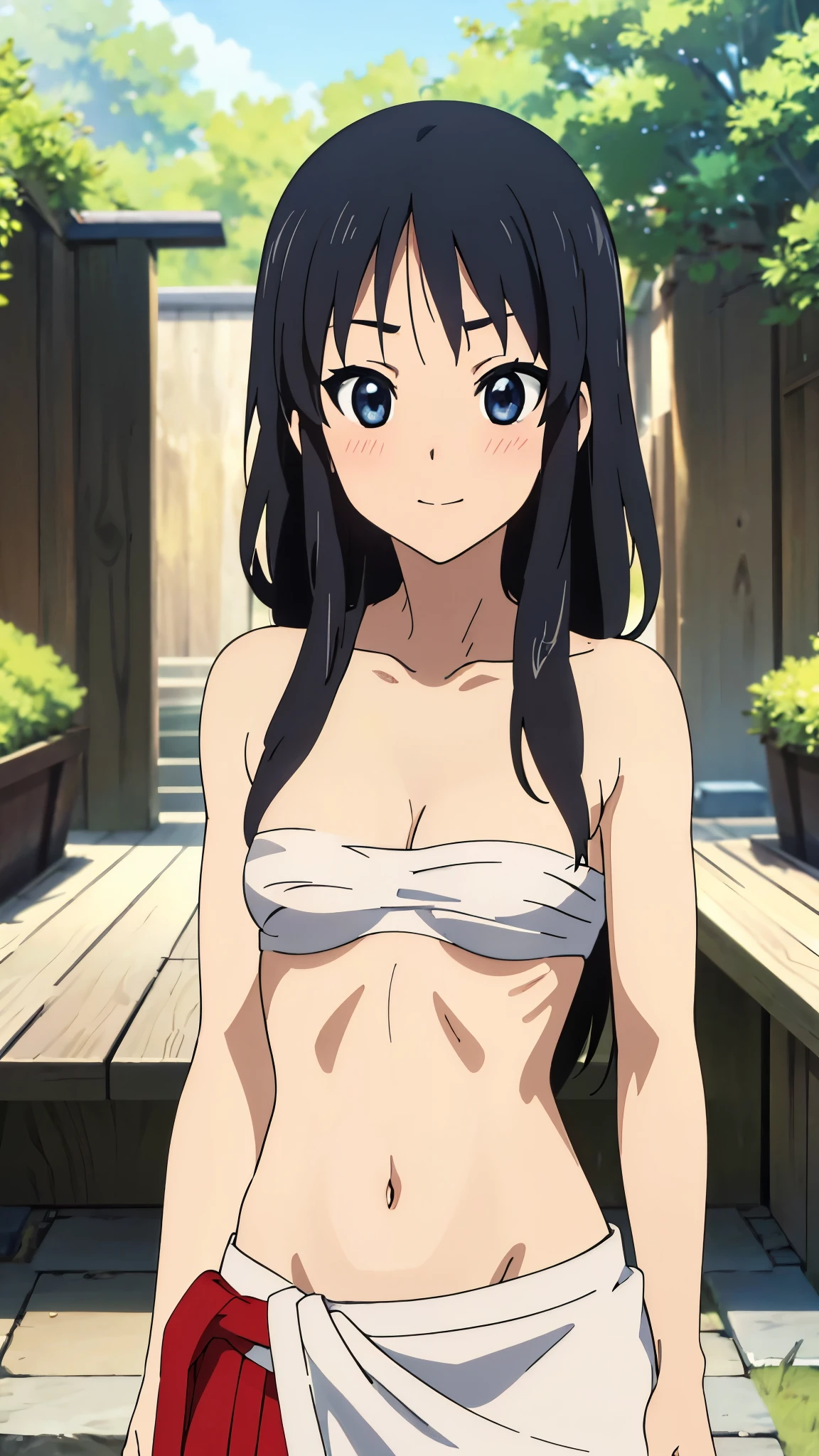 masterpiece, highres, solo, 8k, detailed, perfect face, best quality, (ultra high quality), (looking at viewers), collarbone, bare arms, bare shoulders, small breast, cleavage, black hair, long hair, blue eyes, belly, stomach, navel, abs, sarashi chest, bandaged breast, (red hakama), slim body, upper body, smile, blush, closed mouth, at forest