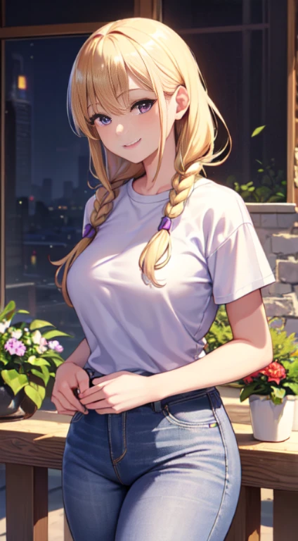 最high quality,very detailed,high quality,Extremely detailed,masterpiece,Super fine,ultra high resolution,超high quality,super realistic、(1 person:1.2)、woman、(Mature:1.5)、Blonde Hair Color、(Braid)、(Captivatingly shining purple eyes)、big breasts 、slender body、(smile:1.3)、Shoulder-baring tops、jeans、garden
