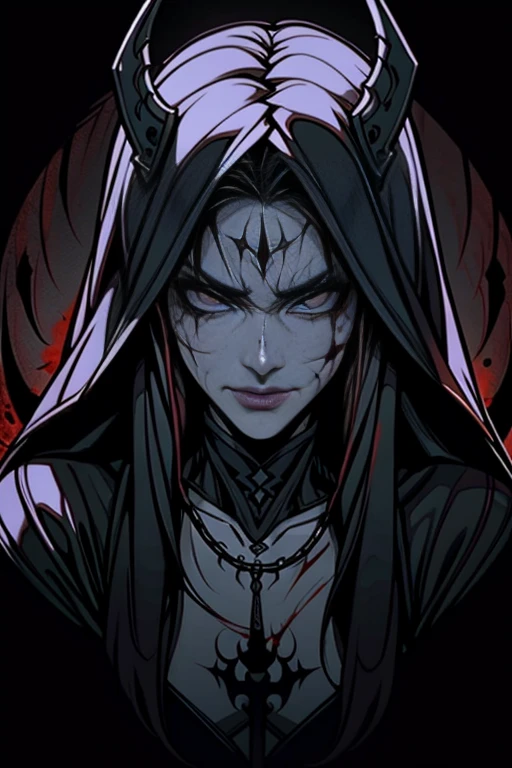 Daughter of death, low dim lighting, dark chamber, smirk, blood on her face, cultist markings,