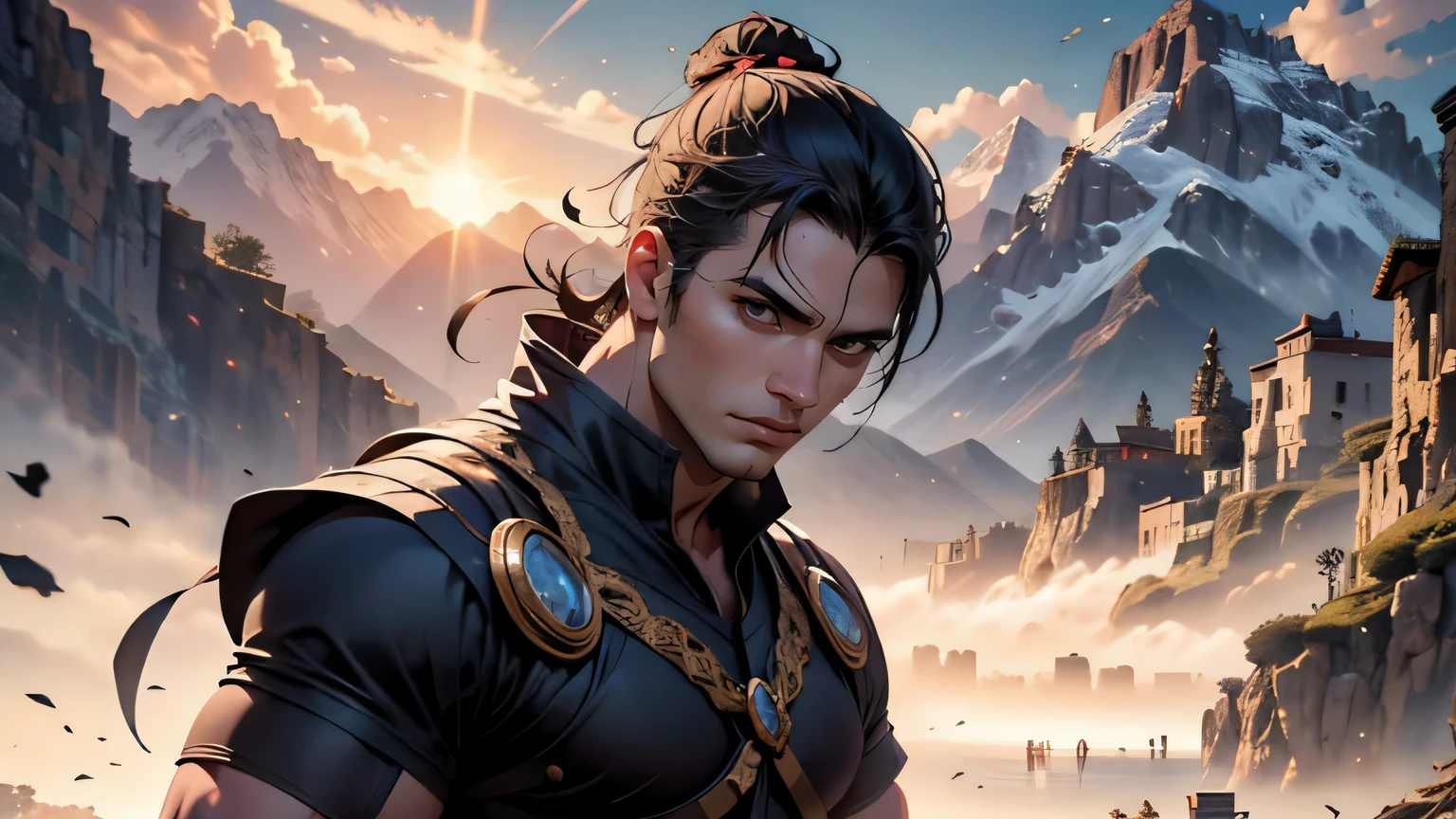 Desenhe um homem muito forte, worked muscles, 40, Parado,cabelos longos, Set in the mountains,nordic warrior,serious face,olhos azuis com brilho,O homem parece confiante e determinado,looking at the camera,O sol em sua hora de ouro,atirando de baixo,In the distance you can see a dragon flying