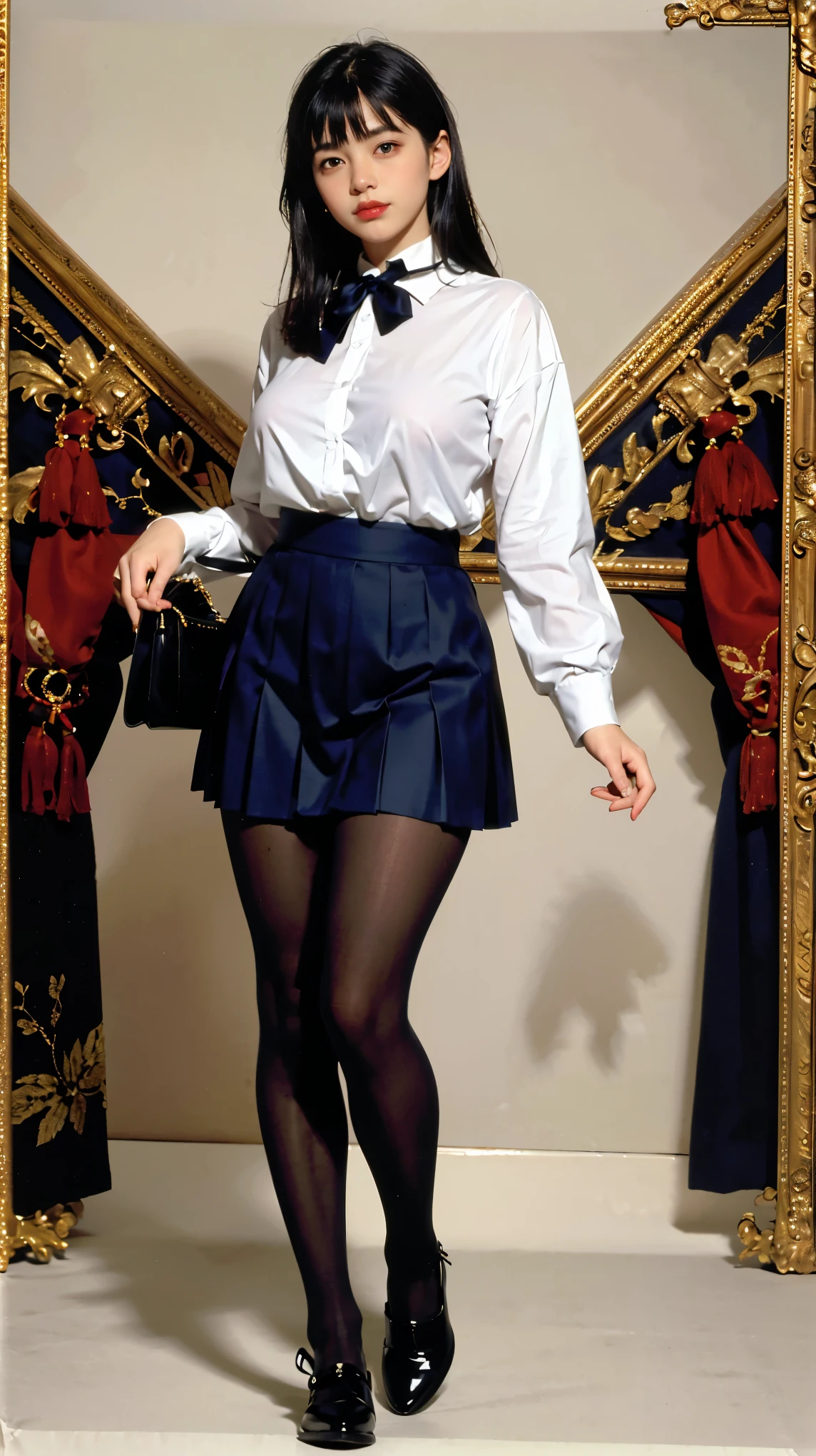 ((best quality,4k,highres,masterpiece:1.2)),((character concept art)), 1 female, age 18. Known for her youthful charm and unwavering determination, Her body language is as modest as her personality, always exuding a sense of innocence and resilience. ((She is dressed in a prestigious Tokyo high school uniform)), (((The uniform includes a tailored navy blazer with the school crest on the chest, a necktie, a white blouse with a Peter Pan collar underneath that compliment her natural E-cup breasts, a pleated maroon skirt that  emphasizing her  figure))). (((She enhances her look with Sheer black stockings and black leather oxford shoes))), carrying her ensemble with an air of subtle confidence. Her accessories are minimal, reflecting her simple lifestyle at this age. ((intricate detail)), super finely detailed hands, ultra finely detailed fingers(((ten fingers))), (standing confidently), (full body showcase), (show full body), (no logos on background), (no logo), ((plain background)), ((plain background)), (((empty background))).