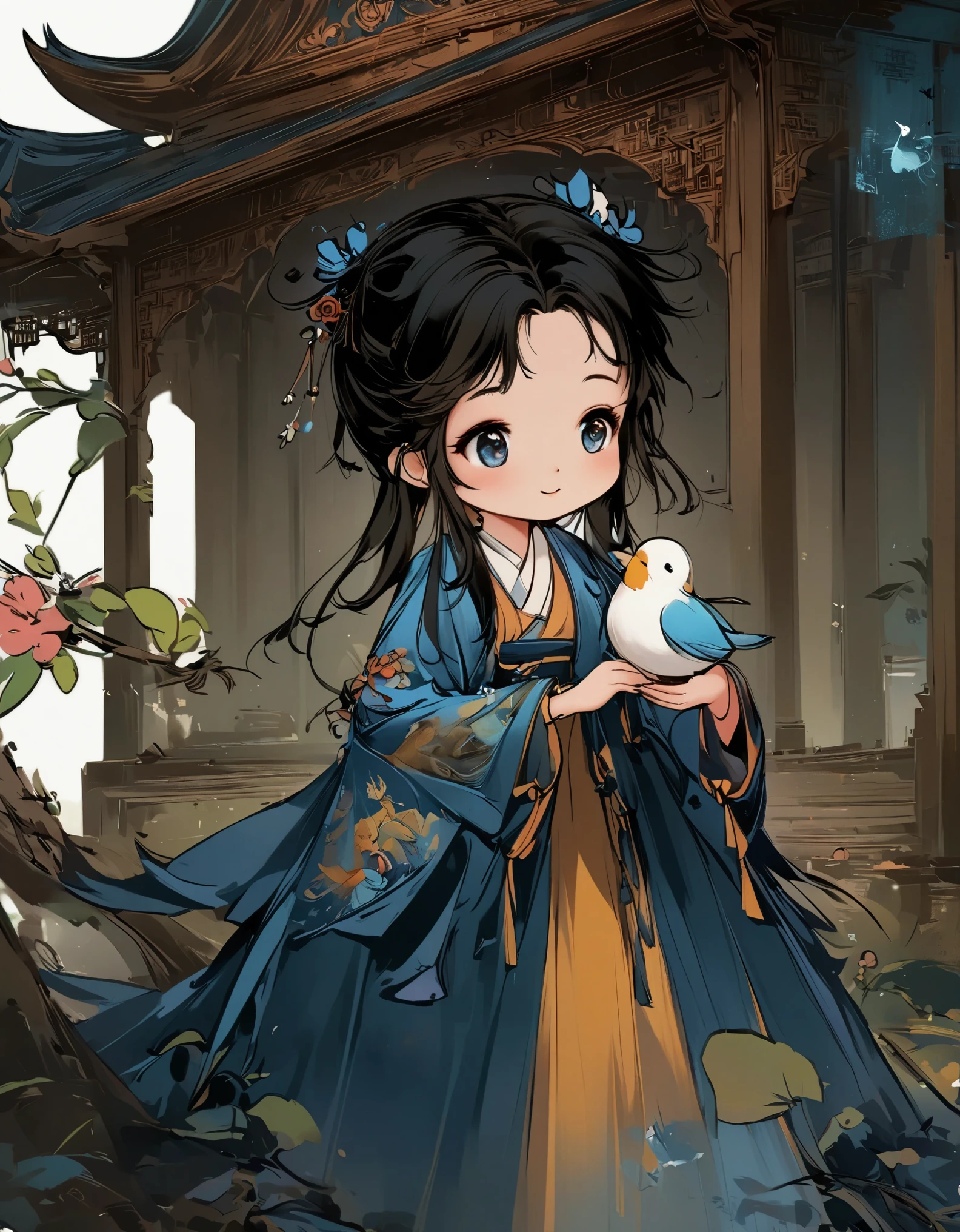 illustration of a girl in a blue coat holding a bird, cute illustration, palace , A girl wearing Hanfu, Lovely art style, by Qiu Ying, Lovely and detailed digital art, illustration!, a beautiful artwork illustration, by Ye Xin, cute digital art, Inspired by Ma Yuanyu, by Qu Leilei, author:Li Song