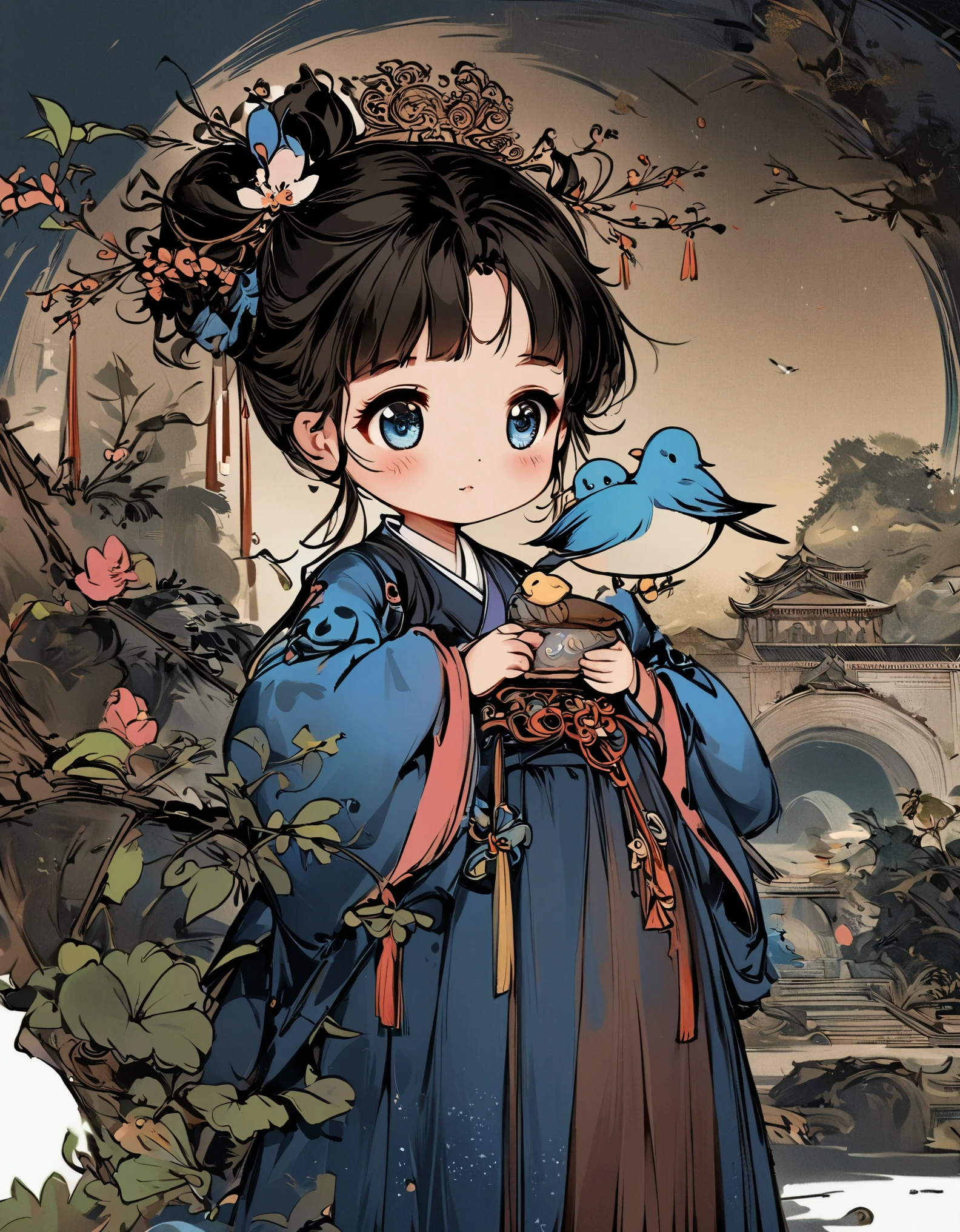 illustration of a girl in a blue coat holding a bird, cute illustration, palace ， A girl wearing Hanfu, Lovely art style, by Qiu Ying, Lovely and detailed digital art, illustration!, a beautiful artwork illustration, by Ye Xin, cute digital art, Inspired by Ma Yuanyu, by Qu Leilei, author：Li Song