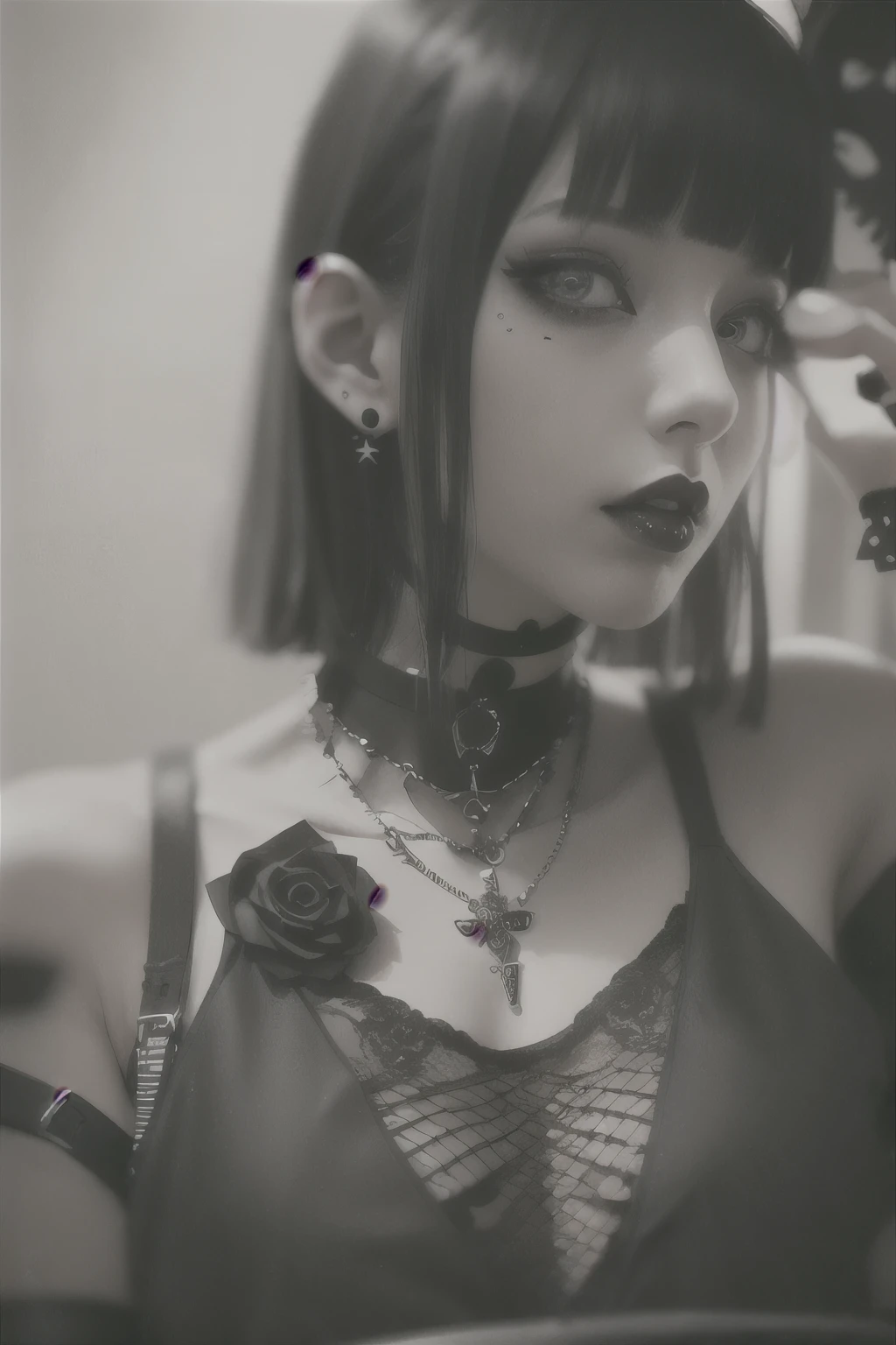 there is a woman with a necklace and a leopard print top, young beautiful amouranth, wearing choker, 🤤 girl portrait, 1 7 - - old h girl, amouranth, piercings collar, wearing detailed leather collar, better known as amouranth, wearing black choker, goth girl aesthetic, wearing intricate black choker, goth aesthetic, gothic horror vibes