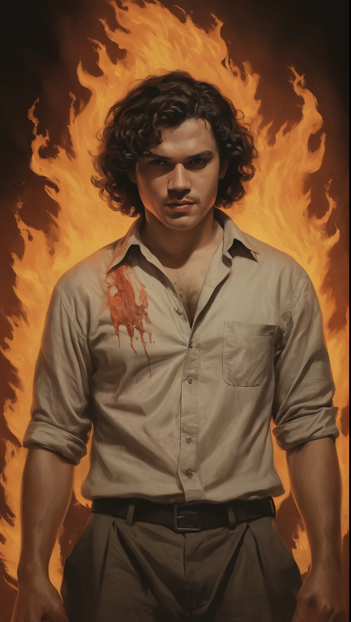 An illustrated movie poster, hand-drawn, full color, a male demon, 28 years-old, wearing a linen shirt and chinos, covered in flames, reddish skin, stocky, soft doughy physique, round belly, slightly chubby, deep brown eyes, wide bulbous nose, full lips, black hair, curly hair, thick bushy eyebrows, extremely hairy chest, stomach, and arms, lots of body hair, posing in a demonic hellscape, hard shadows, graphite shading, stencil markings, airbrushed acrylic paint, masterpiece