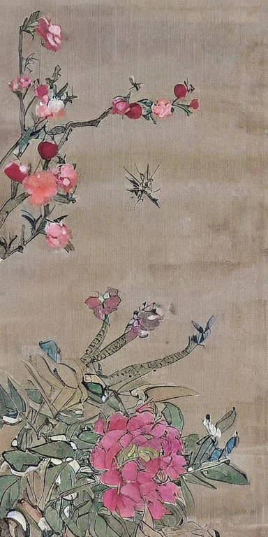 ink painting, flowers, bird, leaf, ink, rice paper, Plant details, vein, Plant Texture, Layering, delicate, clear, Learn more,
