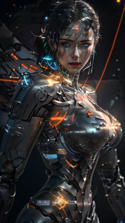 (masterpiece), (extremely intricate:1.3), (realistic), the most beautiful in the world, (black cyborg armor), metal reflections, full body, complex detail background, robot city background, nighttime, professional photograph of a stunning woman detailed, sharp focus, dramatic, award winning, cinematic lighting, octane render unreal engine, volumetrics dtx, (film grain), sexy, long hair pony tail style, (realism:1.6), (realistic skin texture:1.3), beautiful blue eyes, perfect face, lipstick,
Top Quality, Masterpiece, Ultra High Resolution, (Photorealistic: 1.4), Raw Photo, 1 Girl, Black Hair, Glossy Skin, 1 Mechanical Girl, (Ultra Realistic Details)), Global Illumination, Shadows, Octane Rendering, 8K, Ultra Sharp, Big, Cleavage Exposed Raw Skin, Metal, Complex Ornaments Details, Cold Color, Egyptian details, very intricate details, realistic light, CGSoation trend, glowing eyes, facing the camera, neon details, blood vessels connected to tube, mechanical black cervical attachment to the neck, wires and cables connecting to the head, evangelion, small LED lamp, perfect breast, spread mechanical black_wings, led mechanical complex earings, 