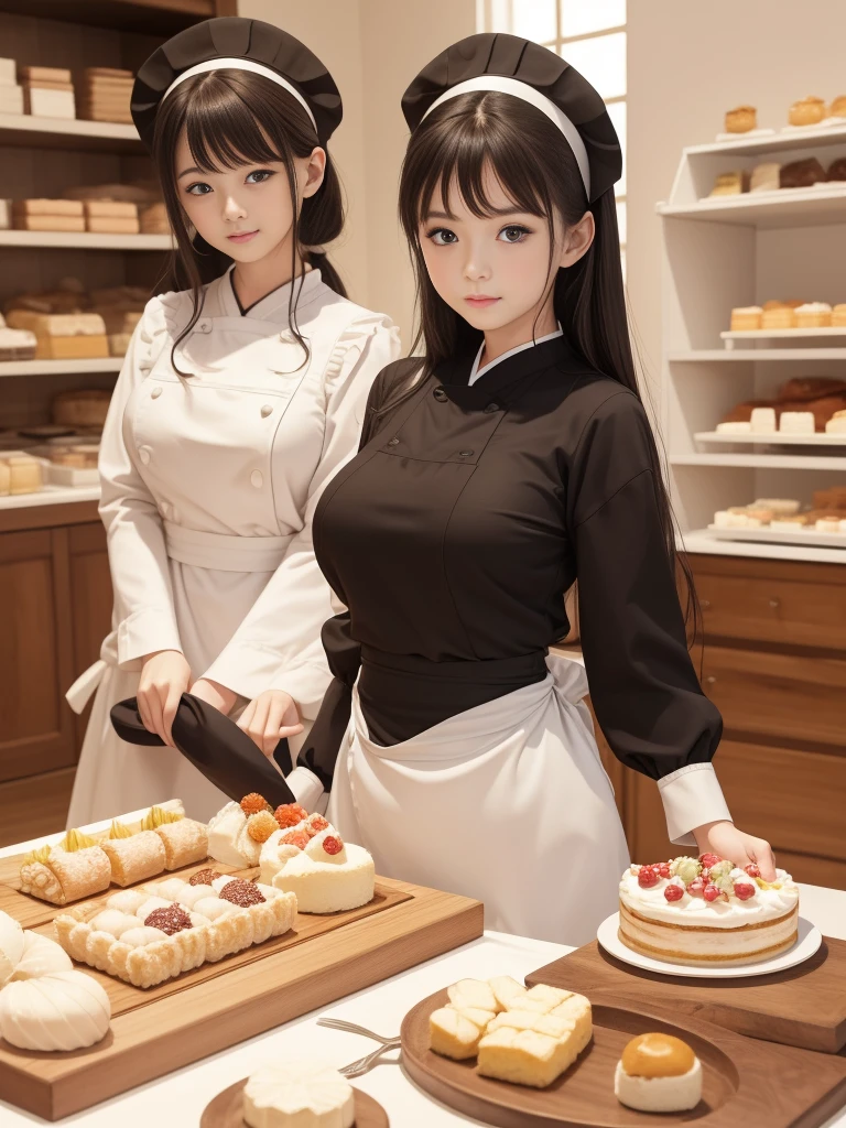 masuter piece, best qualtiy, ((Real Model Shots)), 8K picture quality, ((1 persons)), extremely delicate and beautiful, magnifica, Official art with attention to detail, (Cute ), (Petite and pretty girl), (japanese beauty girl), ((Perfect female figure)), large full breasts, Slim waist, big butts, Black hair, (((Cute long sleeve pastry chef clothes))), Cooking clothes, Whole cakes, atelier, Cake shop, ssmile,