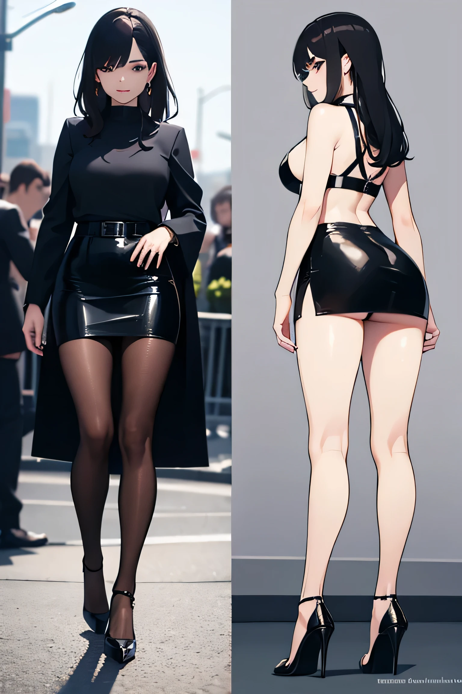 woman who is 22 years old and beatiful face. This woman has on short leather black mini skirt on, high heels and slender legs, lacy stockings. fit athletic body, standing one leg,high heels,