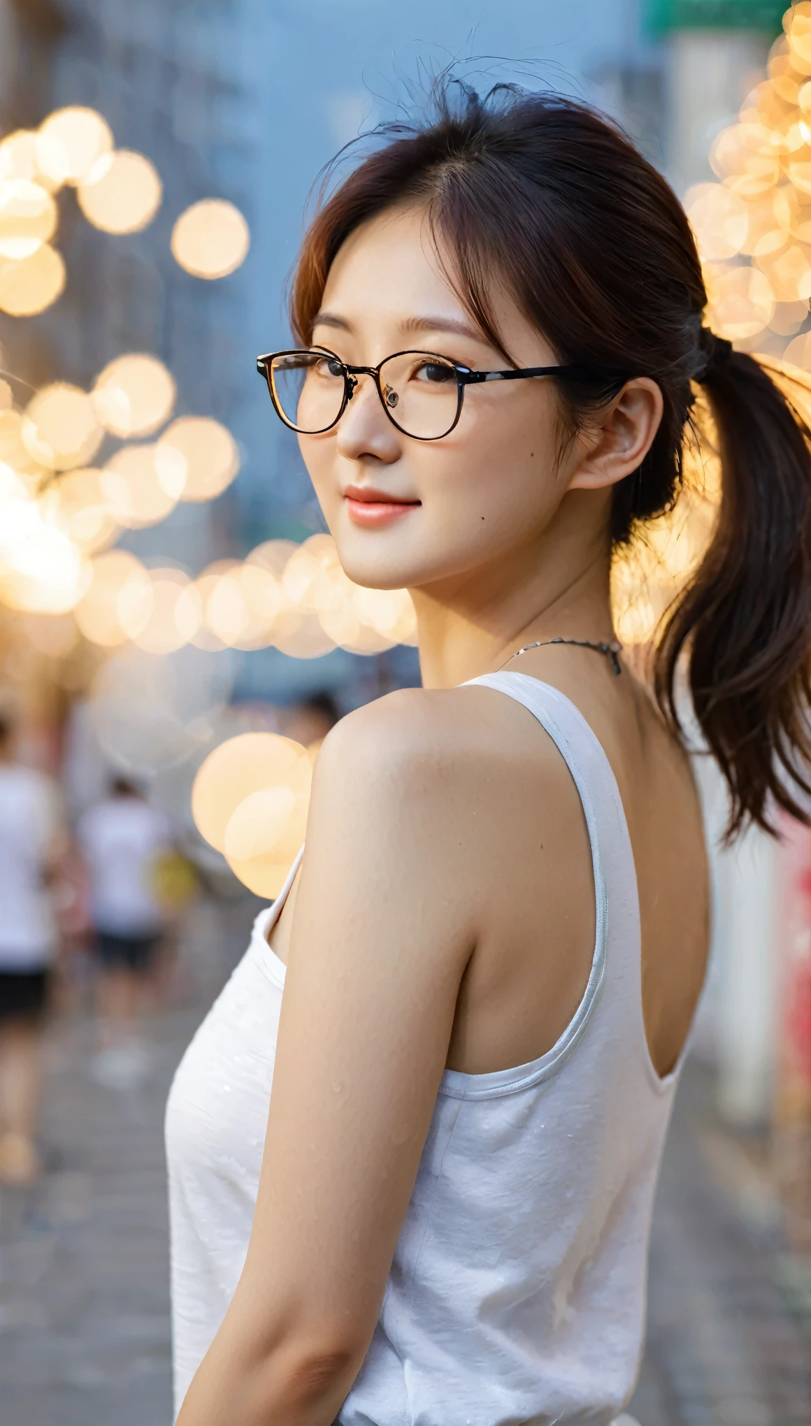 close-up, side shot of beautiful korean female, 34 inch breasts size, slightly smile , wearing tank top, glasses, with bubble foam, on the street, bokeh background
