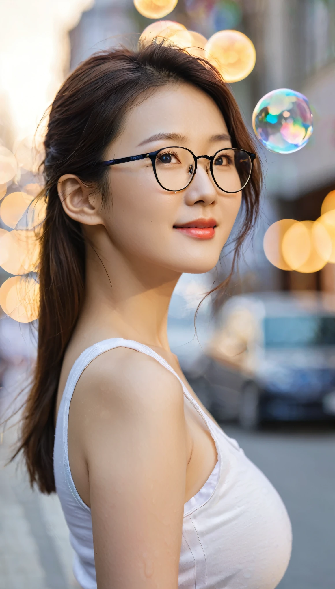 close-up, side shot of beautiful korean female, 34 inch breasts size, slightly smile , wearing tank top, glasses, with bubble foam, on the street, bokeh background 