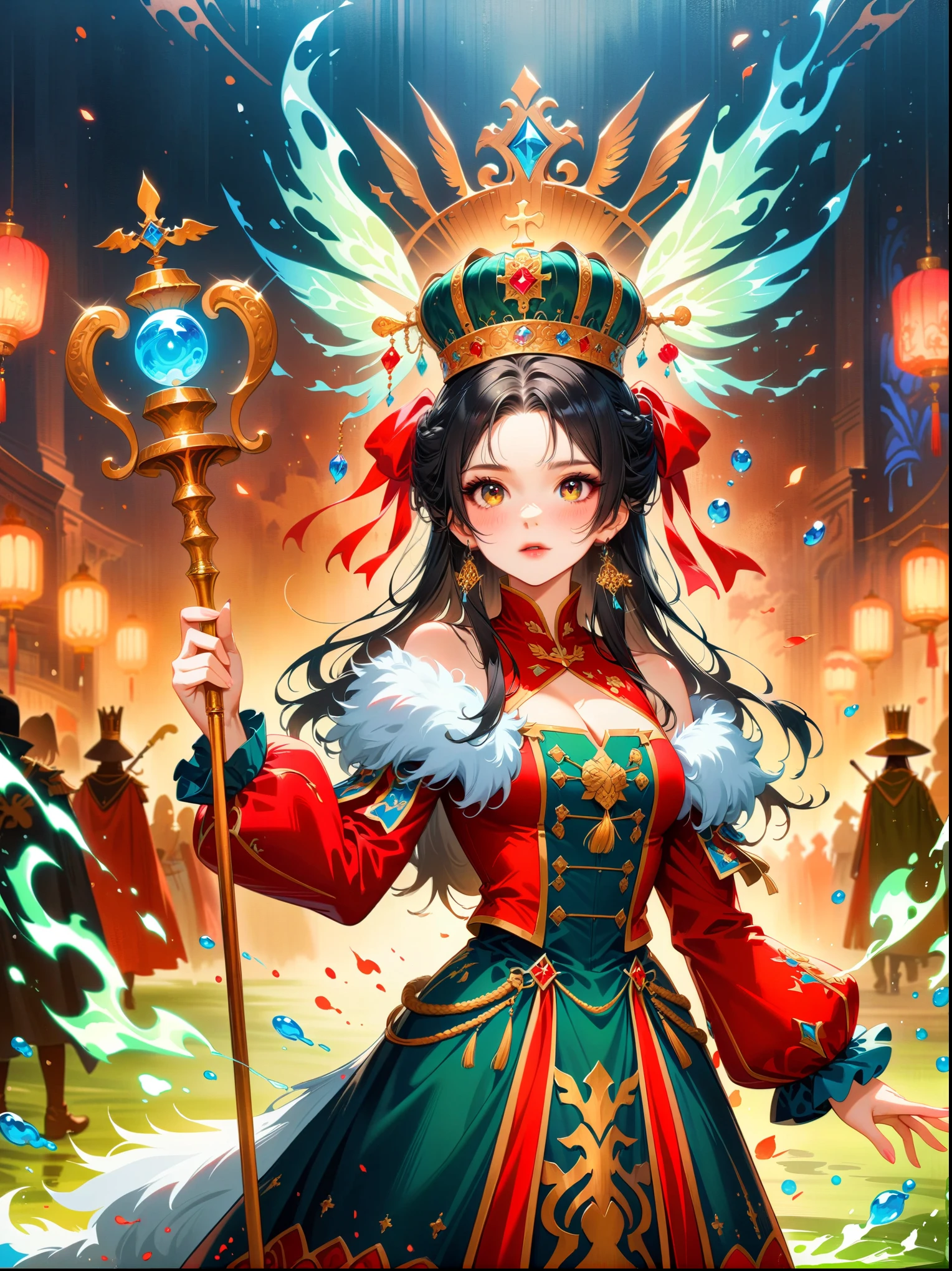 Catherine the Great,Dressed in medieval general's uniform,Double-breasted green military uniform,wearing a crown,Holding a scepter,Green magic element,green fire,Fantasy fairy tale background,fear,bloody,Ultra HD animation,Beautiful animation,Neon lights,(Liquid light background),(UHD, masterpiece, ccurate, anatomically correct, textured skin, super detail, high details, award winning, best quality, 8k)