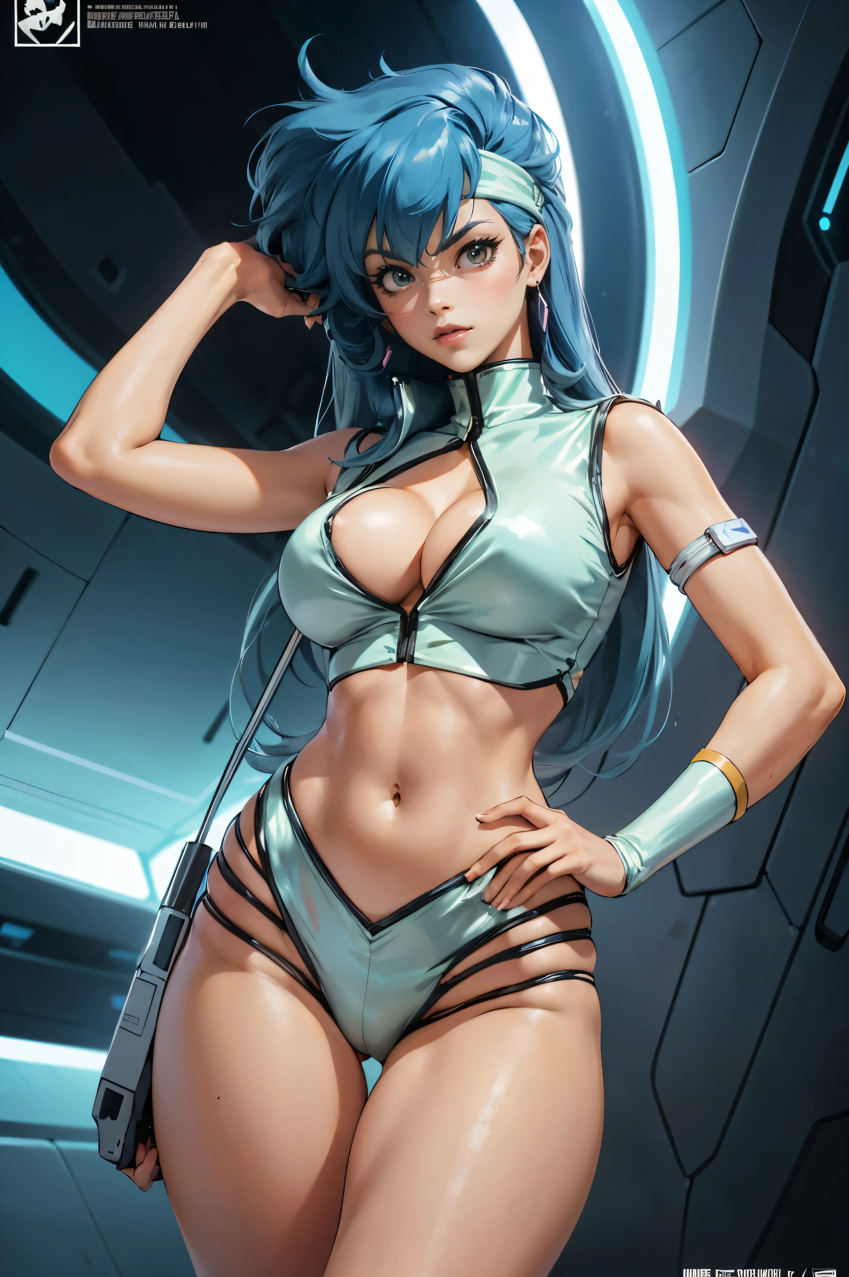 Yuri from The Dirty Pair, , wearing a tight outfit, light sage uniform, light blue uniform, skimpy, medium breast, (long hair), dark blue hair, long smooth hair, beauty, cyberpunk city background, holding retro space-gun, cleavage, slim waist, slim thighs, thigh gap, (light yellow uniform), show belly