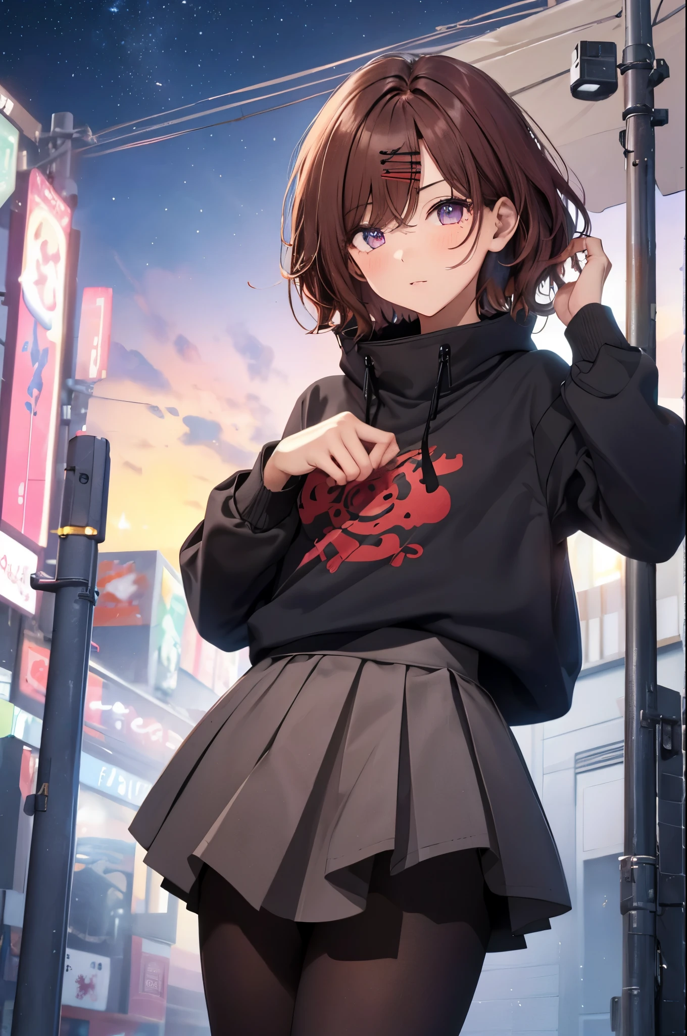 ((masterpiece, highest quality)), (full body:1.3),octane, null, star (null), scenery, starry null, night, 1 girl, night null, alone, outdoor, building, cloud, milky way, sitting, wood, long hair, city, silhouette, cityscape,city seen from a distance, Tokyo, city billboard, 1 milky way in the null, (1girl:1.3),(Perfect hands:1.3),(Perfect Anatomy:1.3), (master piece:1.3),(best quality:1.3), detailed,8k ②th:high resolution,beautiful detailed eyes, cute eyes, sparkling pupils, Intricate Iris Details, Captivating Eye Reflections, Sparkling Highlights in the Eyes, Depth and Dimension in the Pupils, Subtle Color Variations in the Iris, Meticulous Eyelash Details, detailed eyes, ③Lighting:Best Illumination, Part ④⑤: ultra-detailed face,detailed skin, ⑥Body shape:(slender body type:1.3), Seven heads, small head, ⑦Skin: ⑧Expression:(blush:1.1), Looking at Viewer, waiting for a kiss, ⑨Style: ⑩Subject:Oh Madoka, (mole under eye:0.8)、aamadoka,(mole under eye:0.8),short hair,bangs,hairclip,black sweater,hood,long sleeves,collared shirt,plaid skirt,grey skirt,(black pantyhose:1.4), thighband pantyhose,loafers,brown footwear, short hair、bangs、Hair clip ⑪Hair: shiny hair, floating hair, short hair, brown hair, mole under