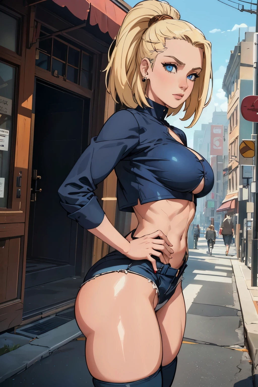 unparalleled masterpiece, ultra realistic 8k CG, perfect artwork, (1girl:1.1) , solo, ((perfect female figure)), (nsfw), looking at viewer, mature female, bimbo (android 18) standing, (teasing), best quality:1.1 , seductive posture, sexy pose, alluring, (beautiful), (curvy), (thick), blonde hair, (blue eyes:1.2), short hair, earrings, jewelry, denim vest, open vest, black pantyhose, black shirt, denim skirt, striped long sleeves, blue skirt, toned legs, fit, (abs:1.1), (big butt:1.4), peach ass, (athletic body:1.2), (large breasts:1.3, (big_breasts:1.1), wide_hips:1.5, narrow waist, small waist:1.5, slender body:1.2, thick thighs:1.3), (shiny skin:1.2), (hdr), (street:1.2), Nikon D850 film stock photograph Kodak Portra 400 camera f1.6 lens, rich colors, lifelike texture, dramatic lighting, unreal engine, trending on ArtStation, by Gerald Brom, by Frank Frazetta, by Luis Royo, by Julie Bell, by Boris Vallejo