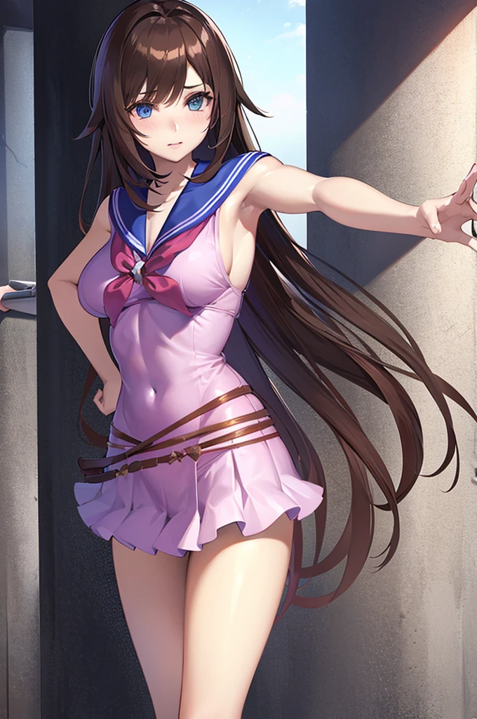 solo / 1girl，brown hair、Waist-length hair、blue eyes、beautiful eyes，Delicate Eyes，Droopy eyes，pink lips，Beautiful lips，sailor suit，Assault rifle，Put your back against the wall，hold a rifle with both hands