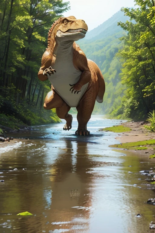 T-rex walking on the path of a river