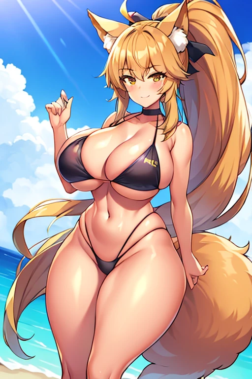 amy, ponytail, bangs, long hair, fox ears, fox tail, thick thighs, large brrasts, 1girl, wide hips, smile, ponytail, bikini, black bikini, tan, highleg bikini, toned, toned female, tall female, tall