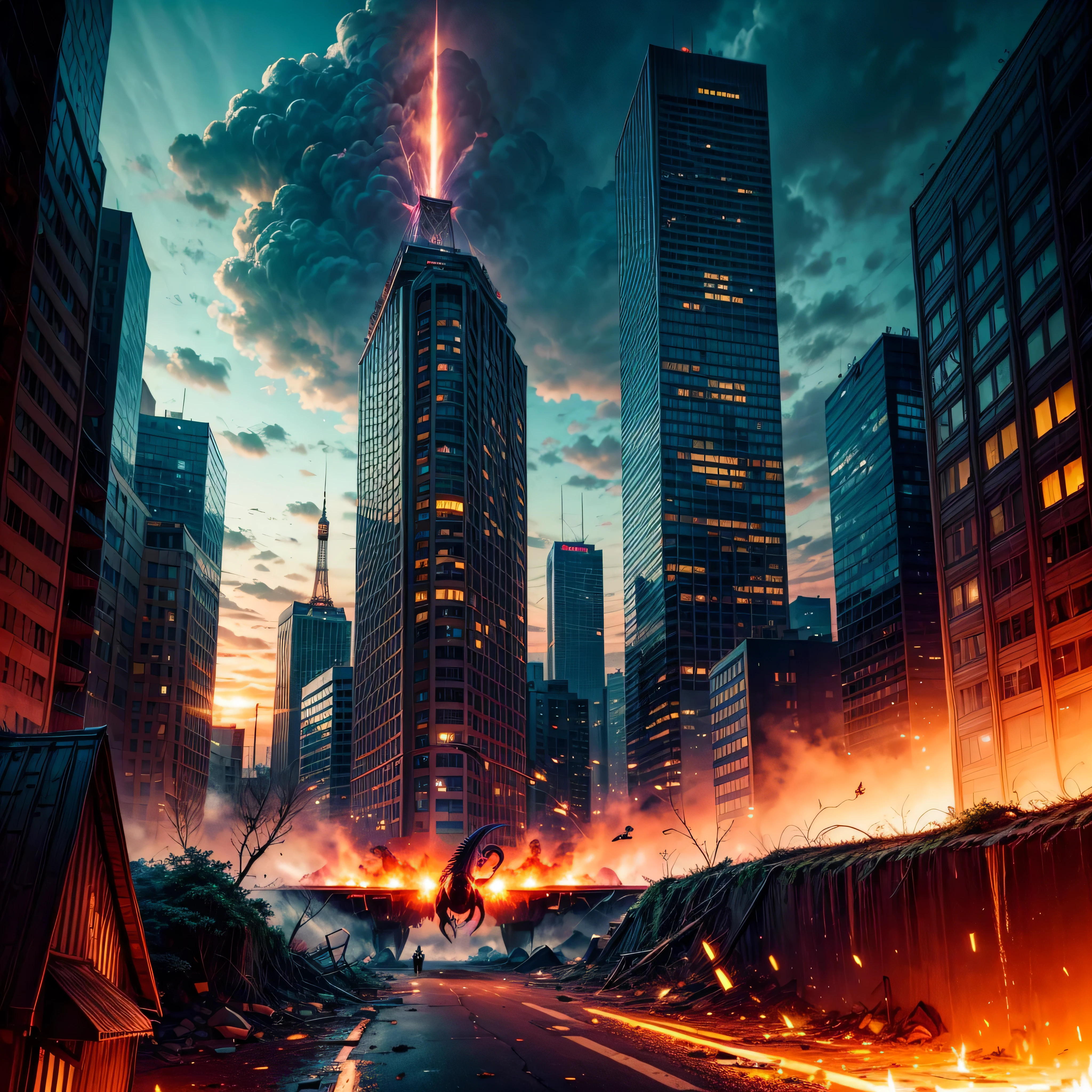 Back view of an armed half human cyborg, across the view of a devastated burning metropolis, 3D; apocalyptic retro cyberpunk; thunderstorms; red color splash; dynamic color-field; cyclorama effect; ultra realistic, cinematic lighting