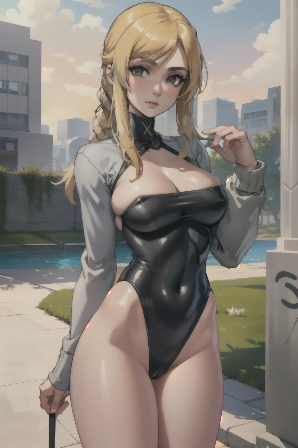 masterpiece, best quality, agrias, grey sweater, black leotard, standing, looking at viewer