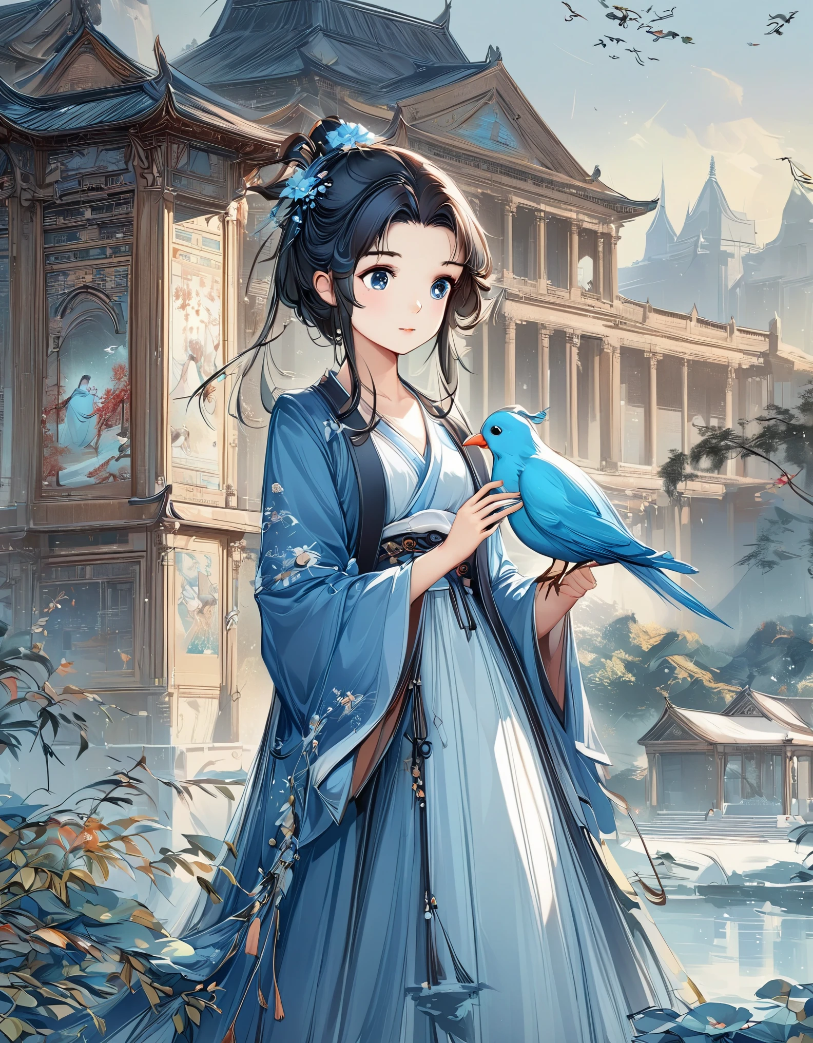 illustration of a girl in a blue coat holding a bird, cute illustration, palace , A girl wearing Hanfu, Lovely art style, by Qiu Ying, Lovely and detailed digital art, illustration!, a beautiful artwork illustration, by Ye Xin, cute digital art, Inspired by Ma Yuanyu, by Qu Leilei, author:Li Song