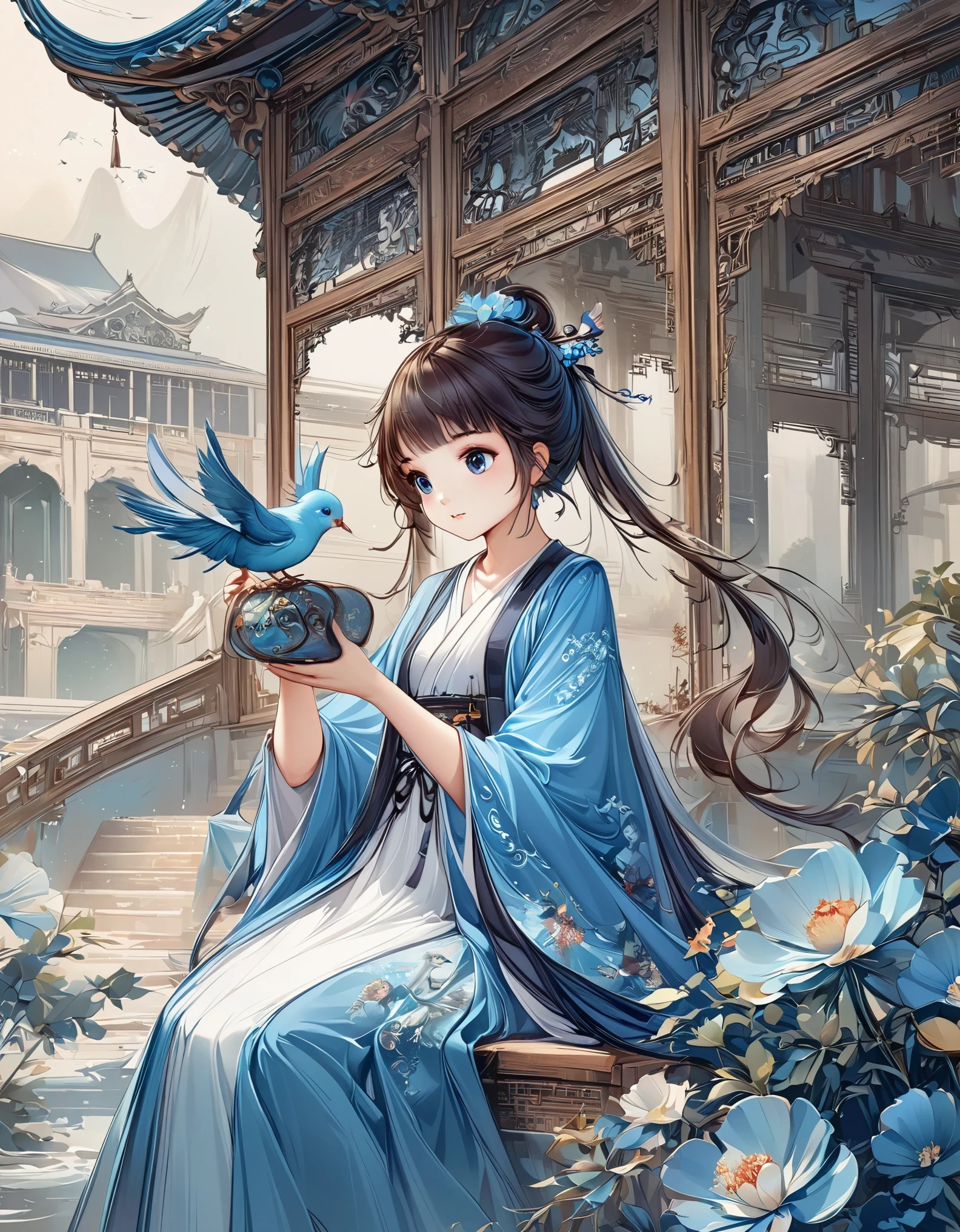 illustration of a girl in a blue coat holding a bird, cute illustration, palace , A girl wearing Hanfu, Lovely art style, by Qiu Ying, Lovely and detailed digital art, illustration!, a beautiful artwork illustration, by Ye Xin, cute digital art, Inspired by Ma Yuanyu, by Qu Leilei, author:Li Song