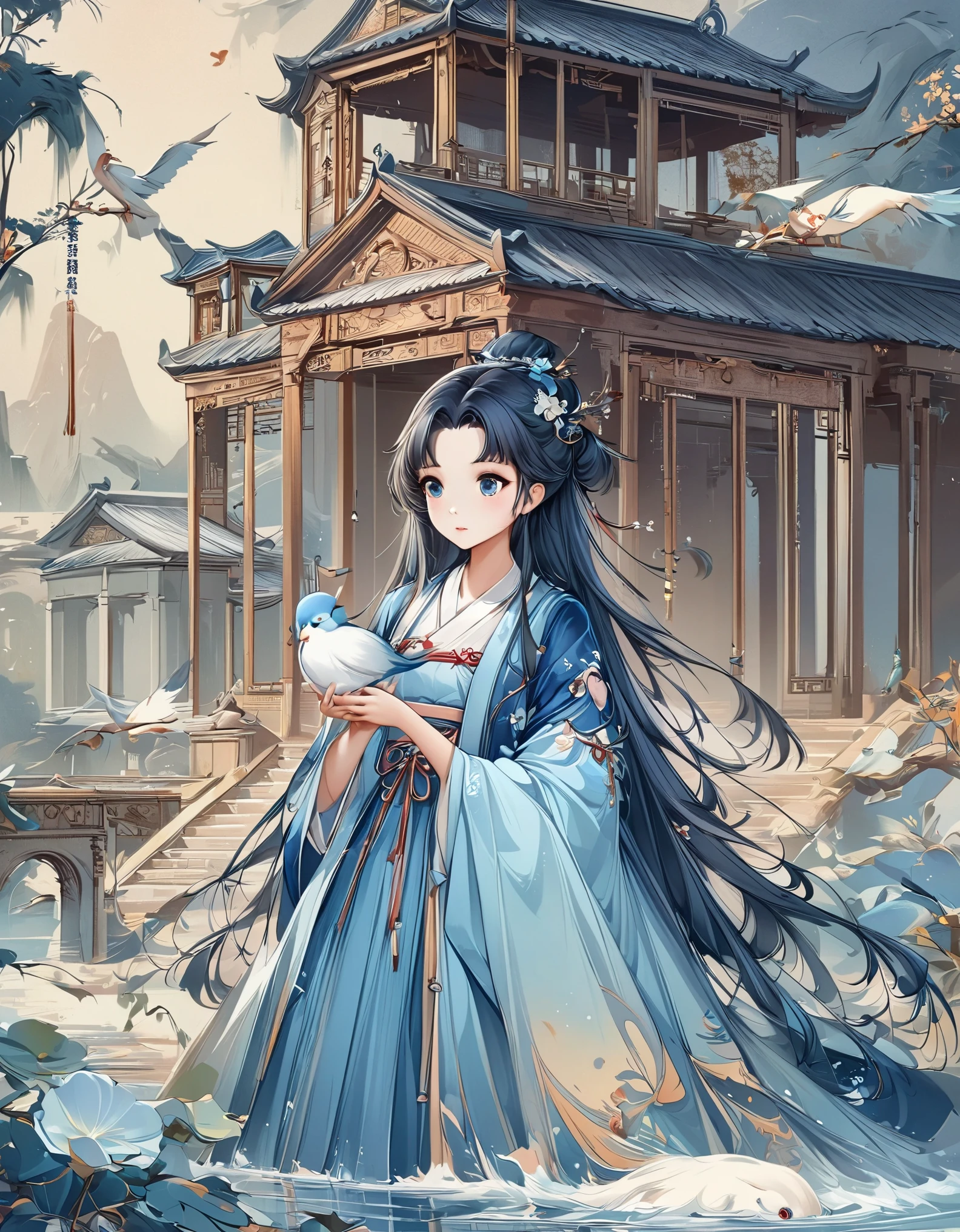 illustration of a girl in a blue coat holding a bird, cute illustration, palace ， A girl wearing Hanfu, Lovely art style, by Qiu Ying, Lovely and detailed digital art, illustration!, a beautiful artwork illustration, by Ye Xin, cute digital art, Inspired by Ma Yuanyu, by Qu Leilei, author：Li Song