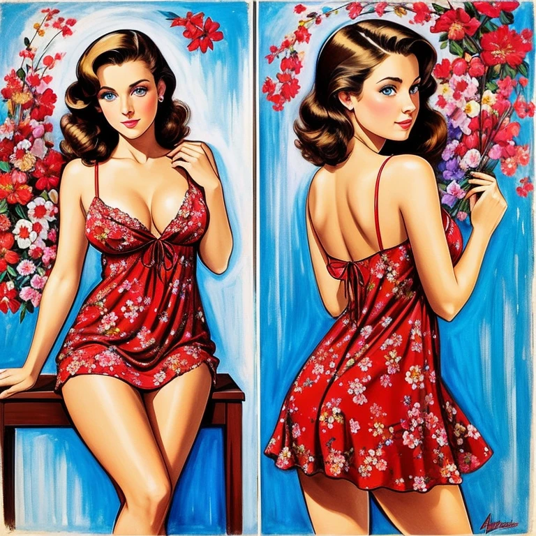A sensual Rachel Cook, standing, leaning forward,  view from rear,  (((wearing a loose fitting short, red, floral sundress))), (((sideboobs))), medium breasts, cleavage.  No panties, legs spread,(((Bright blue eyes))).  Full body portrait, pin-up painting from the '50s, in the art style of Alberto Vargas, Baron Von Lind, award-winning, masterpiece  