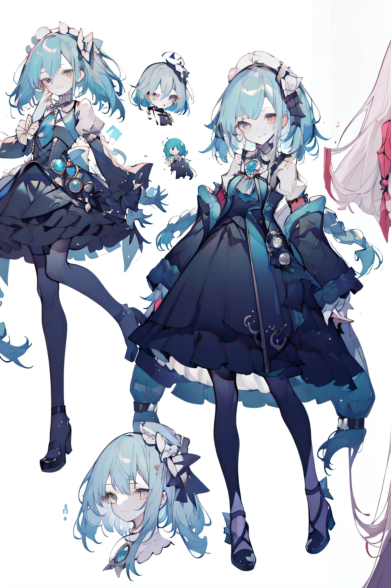 Three views of roles,Character Design,Character Design,Three Views,full body esbian,frontage,side,behind,sett,ta prostitute,so gorgeouaximalism,extreme details,Rococo style,super long hair,intricate accessories,Complex hairstyles,gem,blue hair,evil smile,