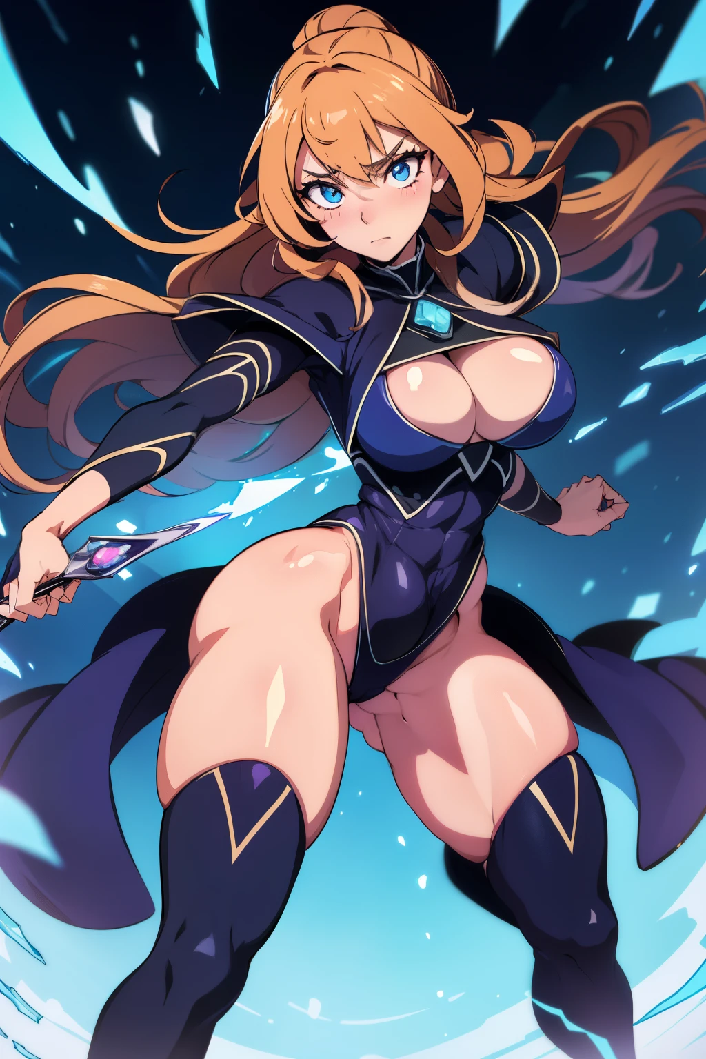 great quality, (1 woman), very focused face, diamond face, perfect eyes, (wearing mage robe), mage robe, strong shadows, full body, detailed face, (casting spell), blue flashes of light, in battle, detailed abs, shinying eyes, (masterpiece), direct light, underlight, strong jaw, (large boobs), massive ass, thick thighs, (long torso), wide waist, skinny torso, fit, perfect face, sexy, (blushing),