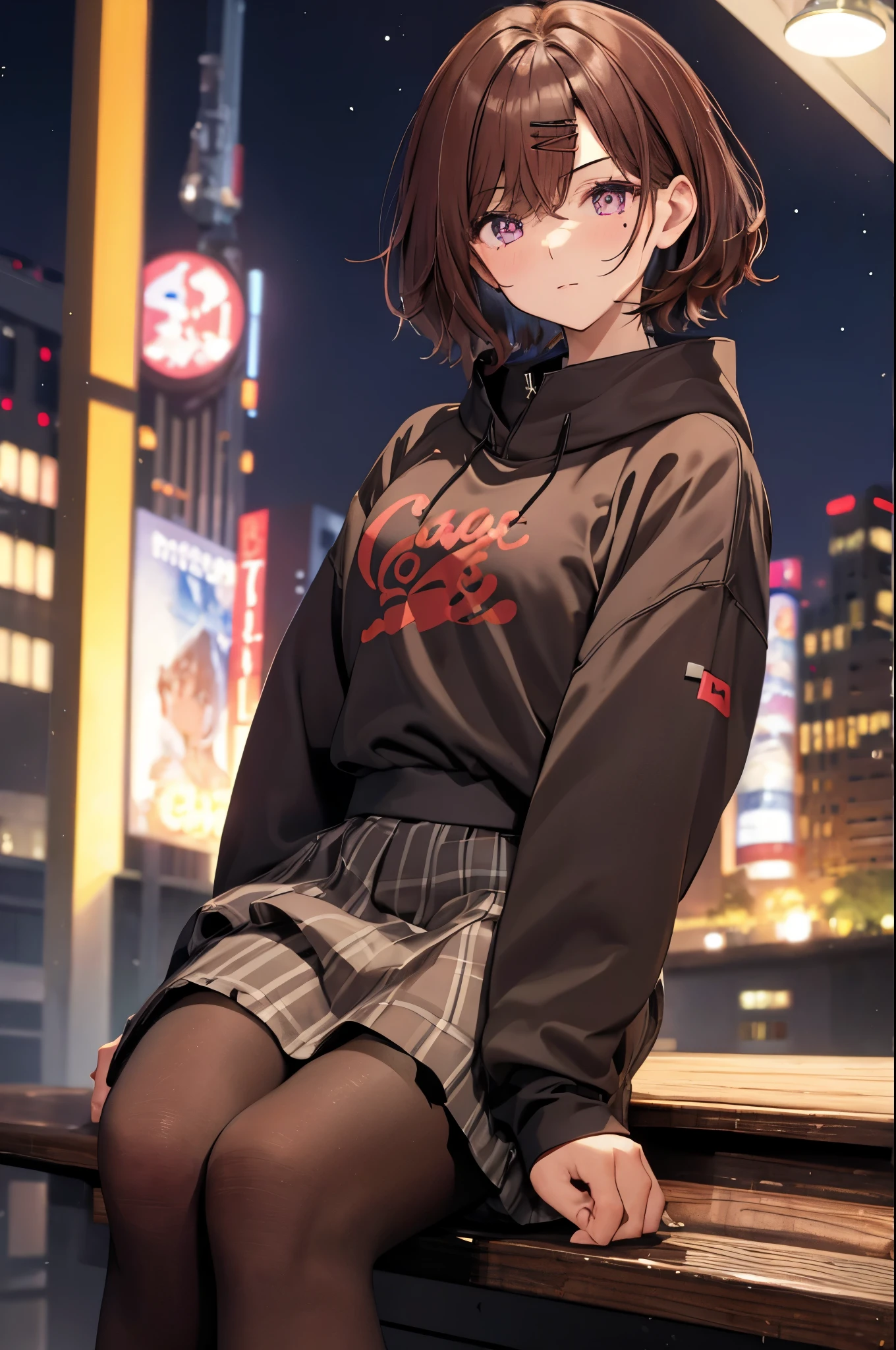((masterpiece, highest quality)), (full body:1.3),octane, null, star (null), scenery, starry null, night, 1 girl, night null, alone, outdoor, building, cloud, milky way, sitting, wood, long hair, city, silhouette, cityscape,city seen from a distance, Tokyo, city billboard, 1 milky way in the null, (1girl:1.3),(Perfect hands:1.3),(Perfect Anatomy:1.3), (master piece:1.3),(best quality:1.3), detailed,8k ②th:high resolution,beautiful detailed eyes, cute eyes, sparkling pupils, Intricate Iris Details, Captivating Eye Reflections, Sparkling Highlights in the Eyes, Depth and Dimension in the Pupils, Subtle Color Variations in the Iris, Meticulous Eyelash Details, detailed eyes, ③Lighting:Best Illumination, Part ④⑤: ultra-detailed face,detailed skin, ⑥Body shape:(slender body type:1.3), Seven heads, small head, ⑦Skin: ⑧Expression:(blush:1.1), Looking at Viewer, waiting for a kiss, ⑨Style: ⑩Subject:Oh Madoka, (mole under eye:0.8)、aamadoka,(mole under eye:0.8),short hair,bangs,hairclip,black sweater,hood,long sleeves,collared shirt,plaid skirt,grey skirt,(black pantyhose:1.4), thighband pantyhose,loafers,brown footwear, short hair、bangs、Hair clip ⑪Hair: shiny hair, floating hair, short hair, brown hair, mole under