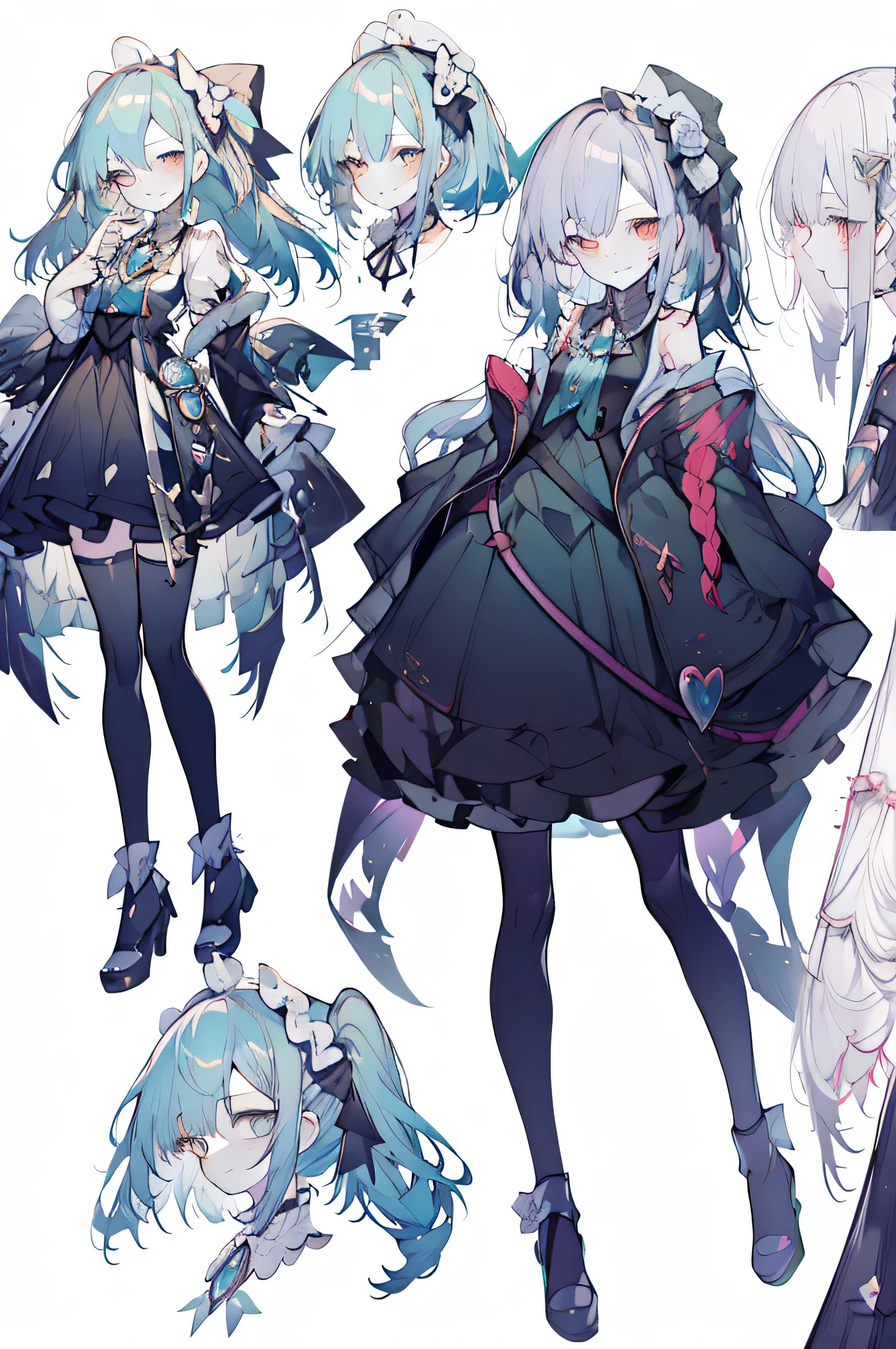 Three views of roles，Character Design，Character Design，Three Views，full body esbian，frontage，side，behind，sett，lolita prostitute，so gorgeouaximalism，extreme details，Rococo style，super long hair，intricate accessories，Complex hairstyles，gem,blue hair,evil smile,