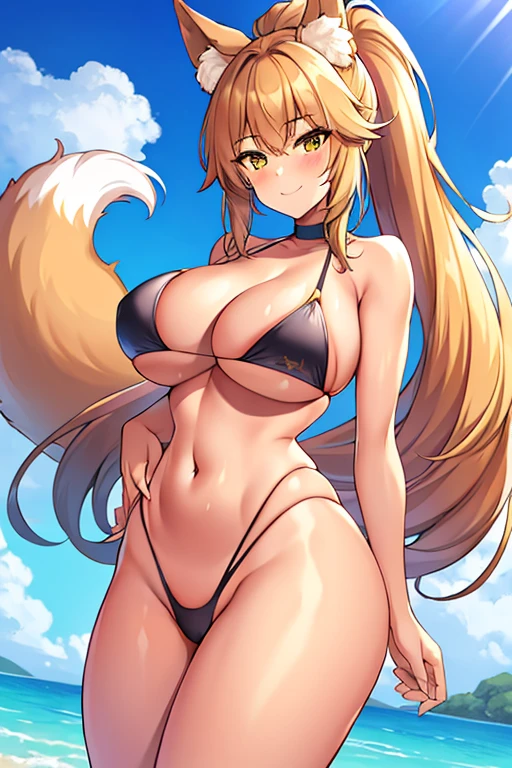 amy, ponytail, bangs, long hair, fox ears, fox tail, thick thighs, large breasts, 1girl, wide hips, smile, ponytail, bikini, black bikini, tan, highleg bikini, toned, toned female, tall female, tall