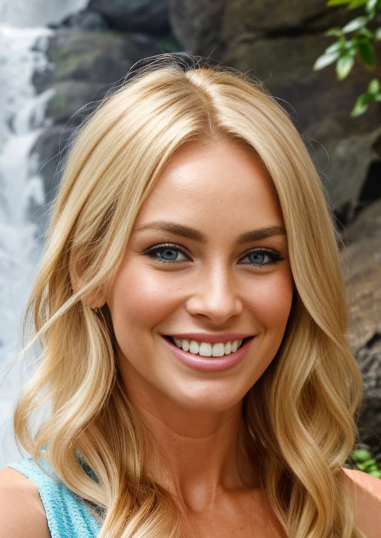 There is a beautiful 35 year old blonde woman with blue eyes under a waterfall, bathrooms, esta feliz, smile, detalles de poros y arrugas en la piel, embellecer la piel, hair and nails from the inside, labios sensuales, revitalizante
