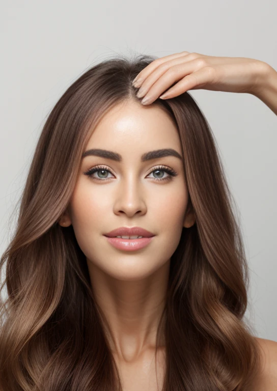 Woman with long brown hair holding her hair in one hand and looking away, cabelos finos e brilhantes, cabelos lisos, cabelo liso sedoso perfeito, menina com cabelo castanho, menina com cabelo castanho escuro, menina com cabelo longo, long flowing brown hair, brown flowing hair, penteado liso, Cabelo castanho longo bonito, cabelos longos de cor castanha, Menina sexy com cabelo castanho escuro