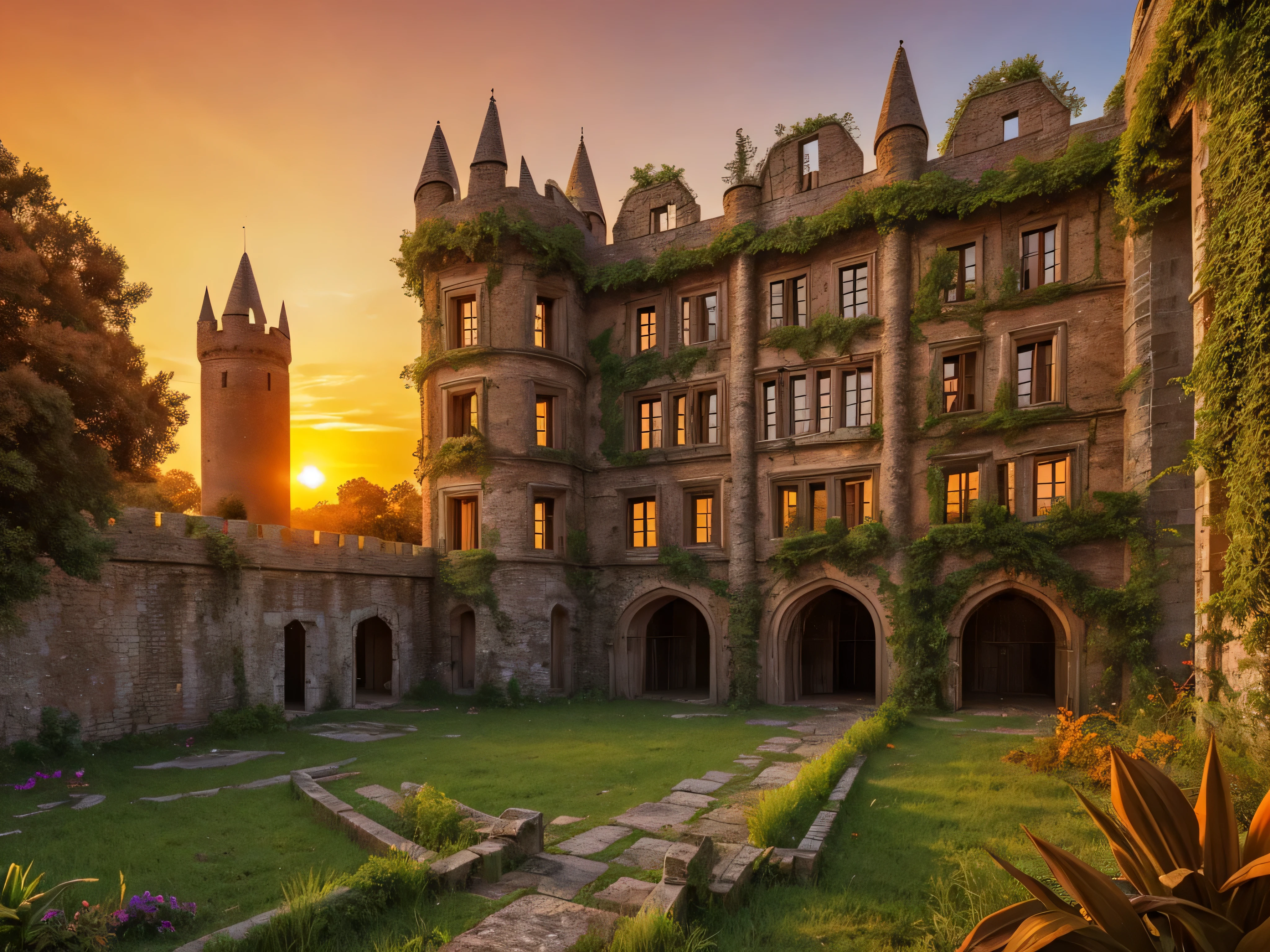 A large old abandoned castle, with plants consuming the walls, the pillars of the castle, some broken pillars, cracked gate, web, cracked bridge, broken fortress, sunset with an orange sky, light illuminating the place, HDR, ultra resolution, very detailed, well defined, masterpiece, 8k hd
