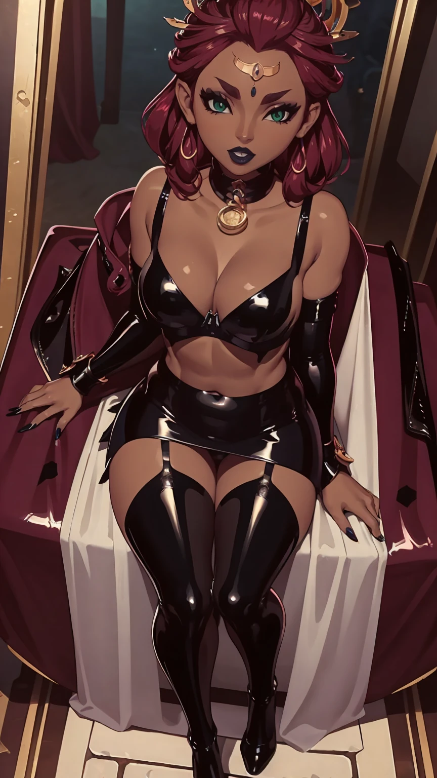 ((high detailed, best quality, 4k, masterpiece, hd:1.3)), ((best quality)), (((HD))), (((8k))), (ultraDH), (ultra HD), green eyes, BREAK green eyes, seductive, attractive, smooth anime cg art, 36C breasts, long legs, vivid colors, slim body, perfect skin, red hair, long hair, light hair, red hair, BREAK crown, cleavage, 36C cleavage, looking at viewer, BREAK looking at viewer, extremely detailed face, earrings, gem, dark blue makeup lips, dark gothic eyeshadows, dark eyeshadows, white eyeshadows, blue sexy lips, dark lips, very dark lips, (perfect hands, perfect anatomy), light makeup, blue medium lips, blue thick lips, detailed fingers, five fingers per hand, 5 fingers, (1 girl), detailed lips, detailed blue lips, blue painted lips, gothic painted lips, (breast focus), (arms outstreched:1.2), (from above:1.1), (breasts out:1.3), (off shoulder:1.1), (((desert))), full body, sexy long legs, (((black stockings))), (((black latex lingerie)))