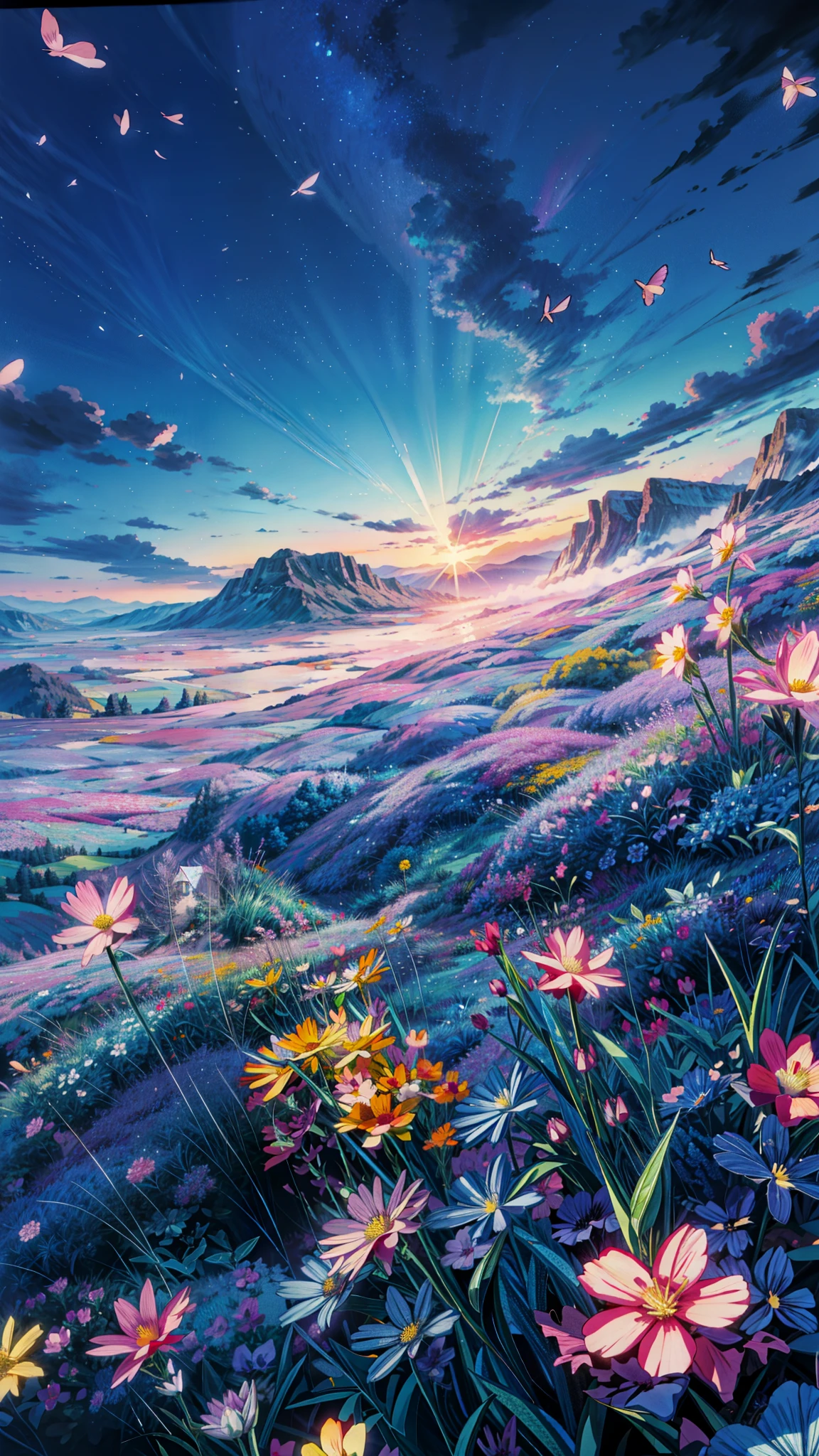 a field full of flowers under a cloudy sky, field of fantasy flowers, anime beautiful peace scene, anime nature wallpap, background of flowery hill, anime landscape, colorful anime movie background, anime landscape wallpaper, blue flower field, anime background art, dream scenery art, anime nature, beautiful anime art, night sky full of flowers, dreamy psychedelic anime, beautiful anime artwork, 4k hd,, beautiful art uhd 4 k, a beautiful artwork illustration, beautiful digital painting, highly detailed digital painting, beautiful digital artwork, detailed painting 4 k, very detailed digital painting, rich picturesque colors, gorgeous digital painting