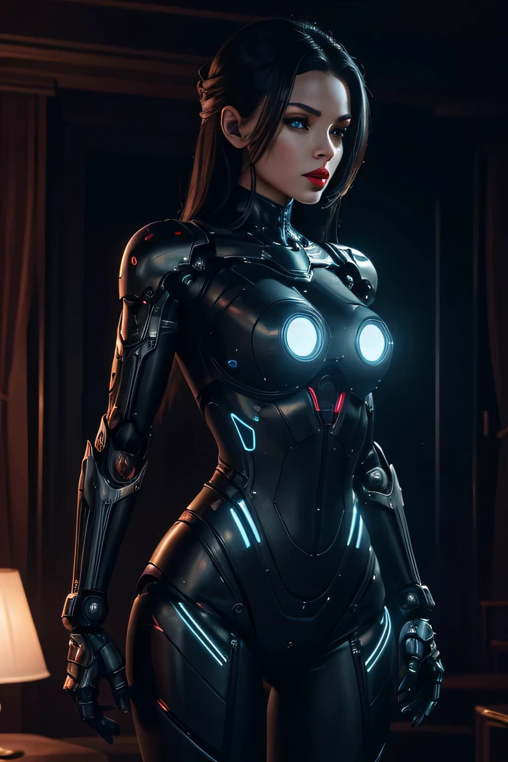 A female robot thief invades a mansion at night mechanical body mechanical limbs The tip of the chest is a sensor that glows. dark room, expressionless, red lips, UHD, retina, masterpiece, ccurate, anatomically correct, textured skin, super detail, high details, high quality, award winning, best quality, highres