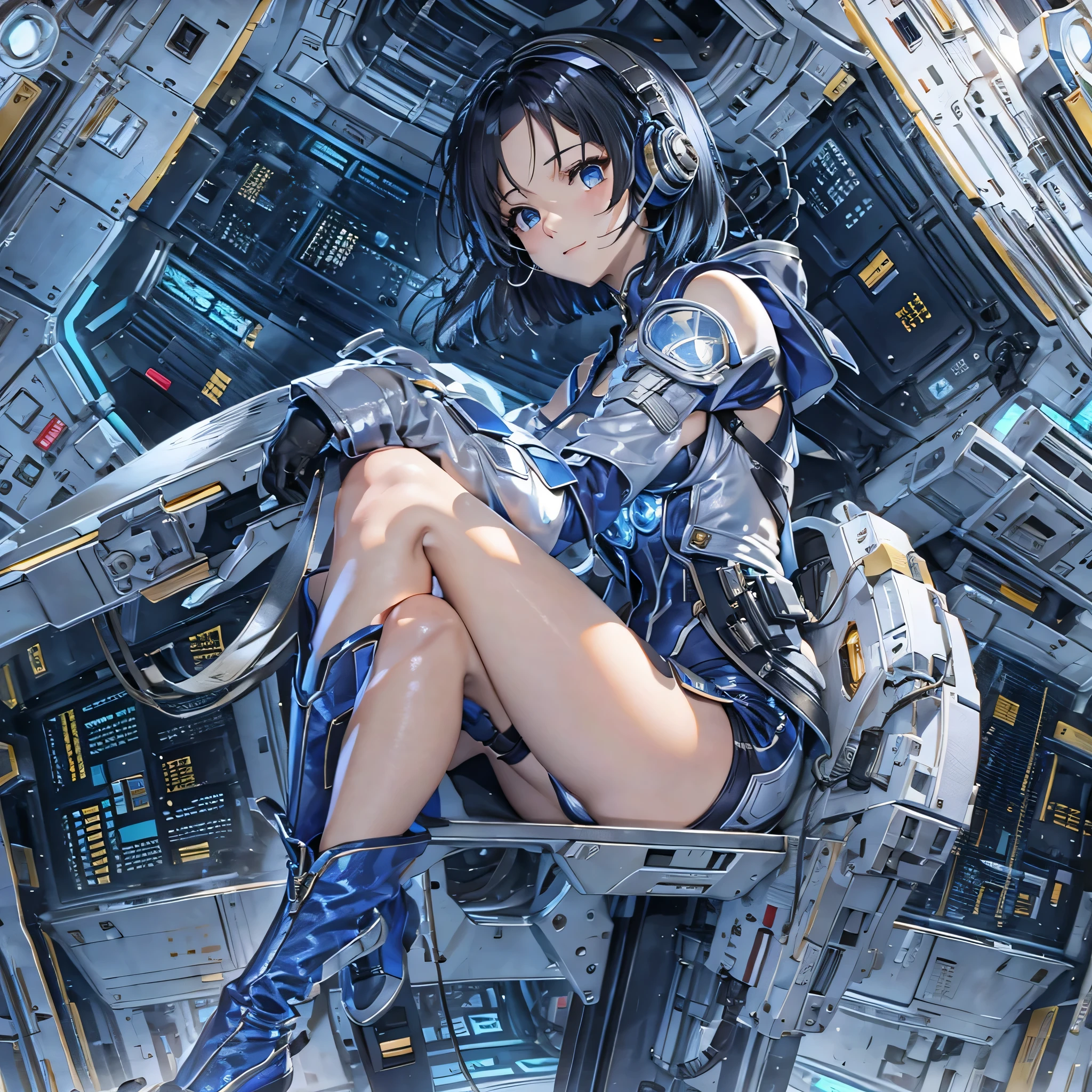 (masterpiece、highest quality、highest resolution、clear_image、detailed details、Angle from above): (full body figure、One 20 year old girl、Japanese faces、small face、Slender、Navy blue super short bob cut hair、(hidden small breasts:1.3)、sparkling blue eyes、Shiny pilot suit in blue and black colors、armor that protects the chest、tight fitting clothes、clothes that cover the whole body、shiny clothes、tight fit pants、hide the skin、very delicate and beautiful、detailed skin、hide thighs、Hide your ass、cute type、gentle smile、soft expression、heroine、headset、Knee-high boots、gloves up to the elbow、eye level shot、facing directly、woman on a spaceship)