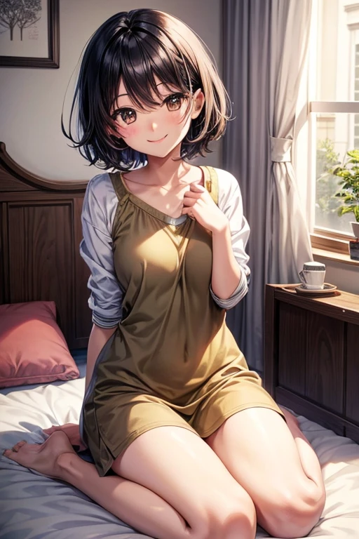 Anime cute adorable black short hair woman, brown eyes, wariza on bed, smile