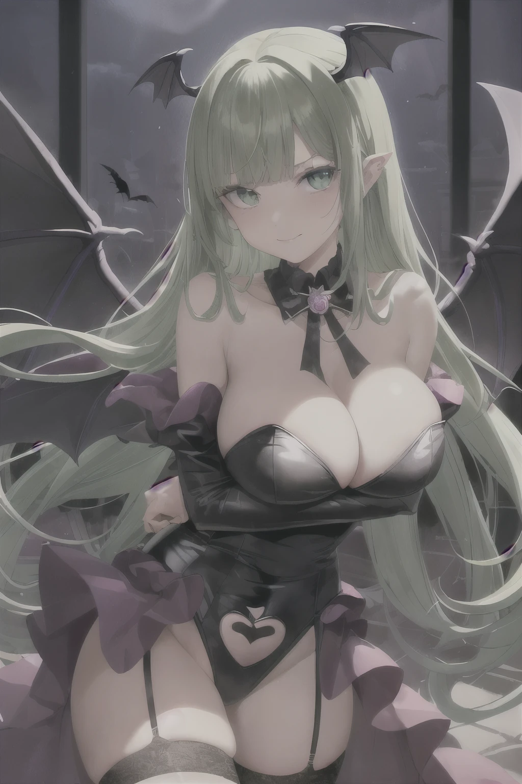 Masterpiece, best qality, 1fille, cheveux longs, seulement, poitrine, Imprimer les legwear, Impression de chauve-souris, Morrigan Aensland, collants, Aile, head wings, gros seins, mamelons couverts, bridal gauntlets, animal print, justaucorps, cheveux verts, demon girl, clivage, bare shoulders, collants violets, Regarder le spectateur, Yeux verts, sourire, clavicule, ailes de chauve-souris, frange, Tir de cowboy, nombril couvert, ailes violettes, ailes basses, justaucorps noir, Ongles, nail polish, cheveux flottants, closed mouth, garniture en fourrure, heart cutout, demon wings, debout, ongles longs, bat (animal), jambe haute, clothing cutout, Gants, highleg leotard, crossed arms, parted bangs, sourcils en forme de V, aqua eyes, >:), pink lips, maintien des seins, Nuit, Aqua Hair, lips, Bustier, blunt bangs
