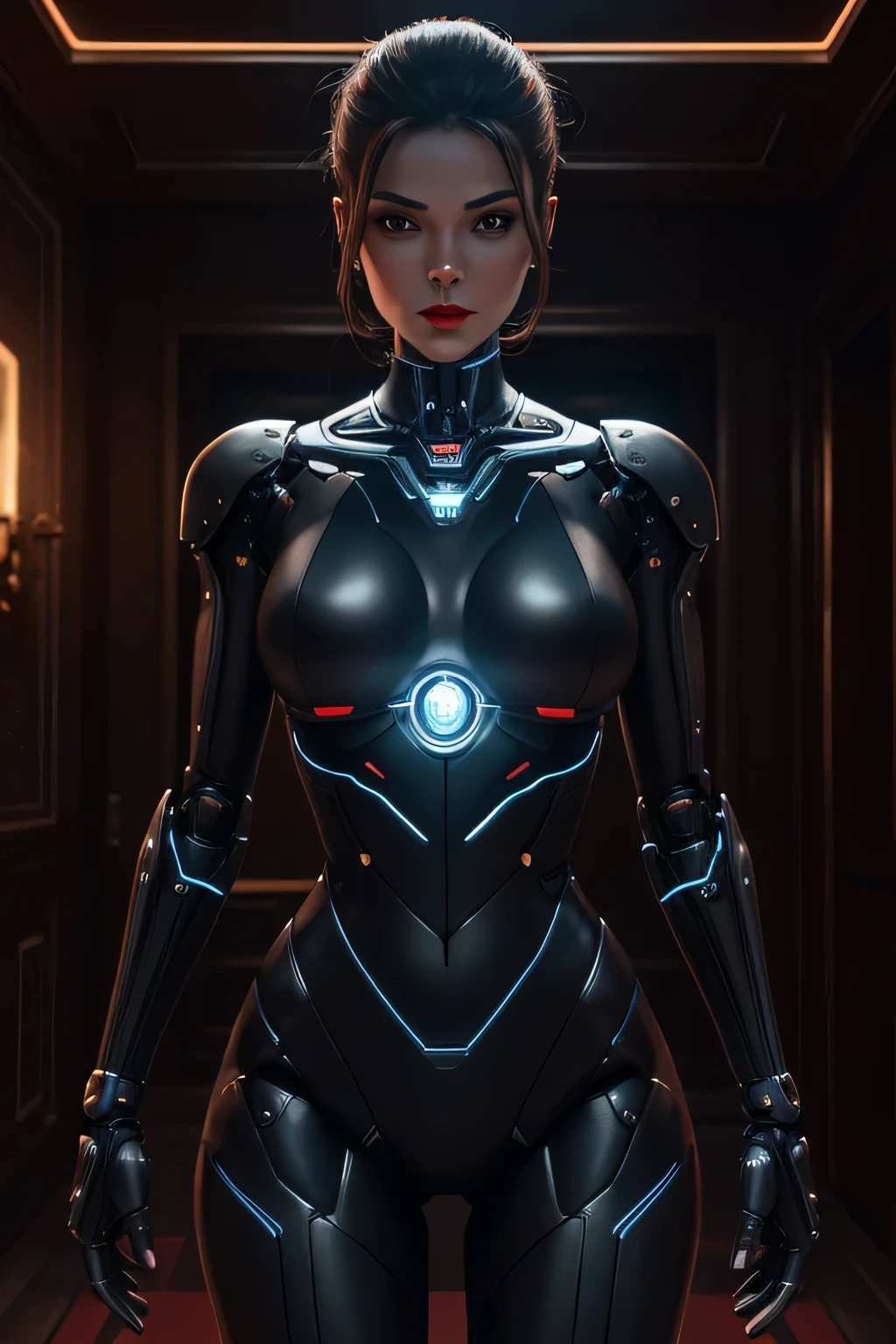 A female robot thief invades a mansion at night mechanical body mechanical limbs The tip of the chest is a sensor that glows. dark room, expressionless, red lips, UHD, retina, masterpiece, ccurate, anatomically correct, textured skin, super detail, high details, high quality, award winning, best quality, highres
