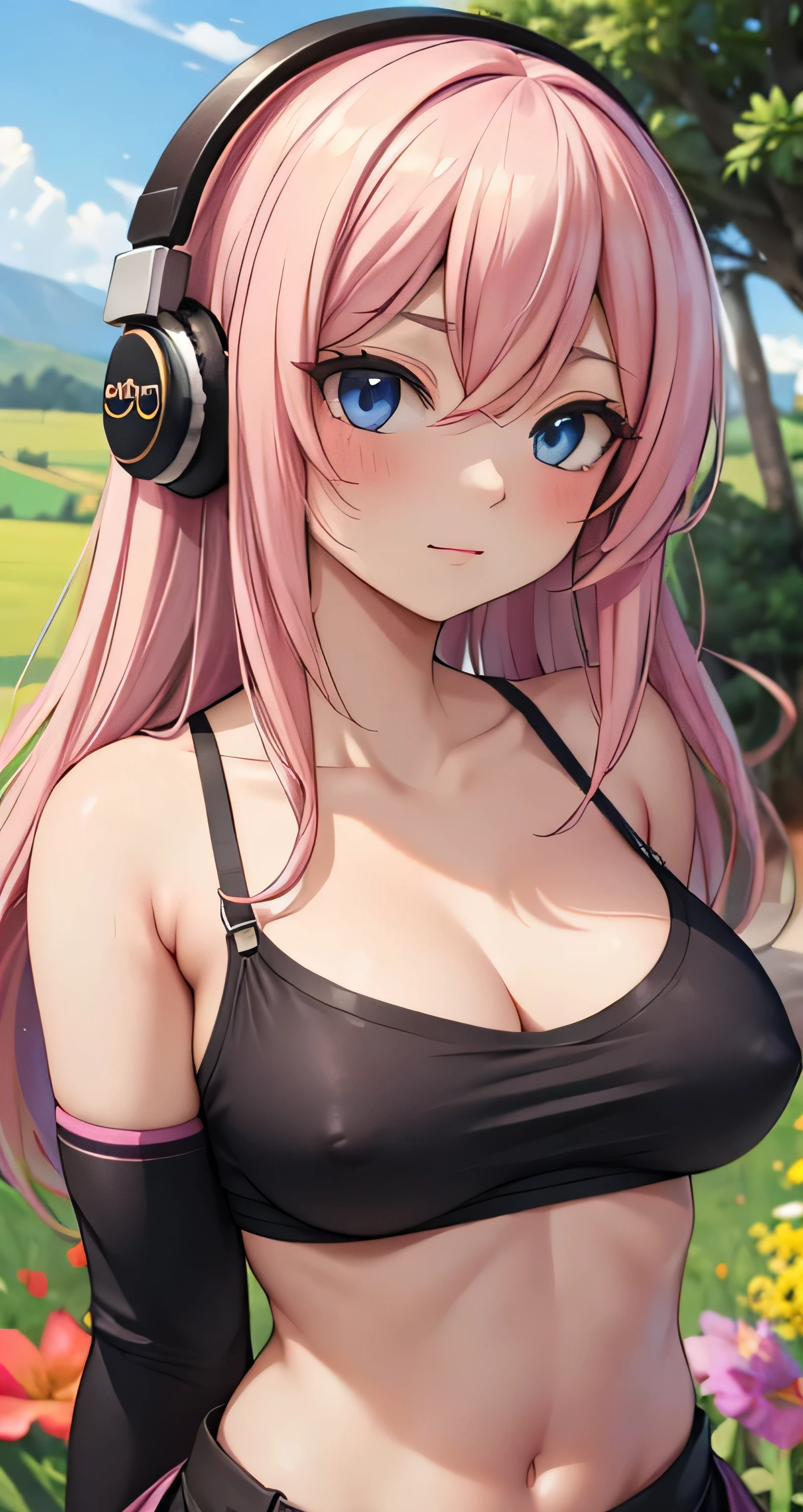(masterpiece),(intricate details),1girl,mature female,medium breasts:1.39,tired face,brown eyes BREAK lukamegurine, luka megurine, blue eyes, big headphones, long hair,ni clothes pink hair, (medium breast:1.2), BREAK arm warmers, armband, (TOTALLY NAKED GIRL) no shirt, no clothes, bare shoulders, black skirt (suggested by the context of no wearing clothes, potentially visible in this setting), midriff, navel, totally exposed breasts, shoulder tattoo, ((reclining on a serene countryside path winds through fields of blooming wildflowers, In front of a tree, inviting peaceful walks amidst a natural tapestry of vibrant colors and gentle fragrances.)),((upper body,portrait)),from above:1.4 BREAK day,sun,rainbow,((cumulonimbus)), depth of field,looking at viewer