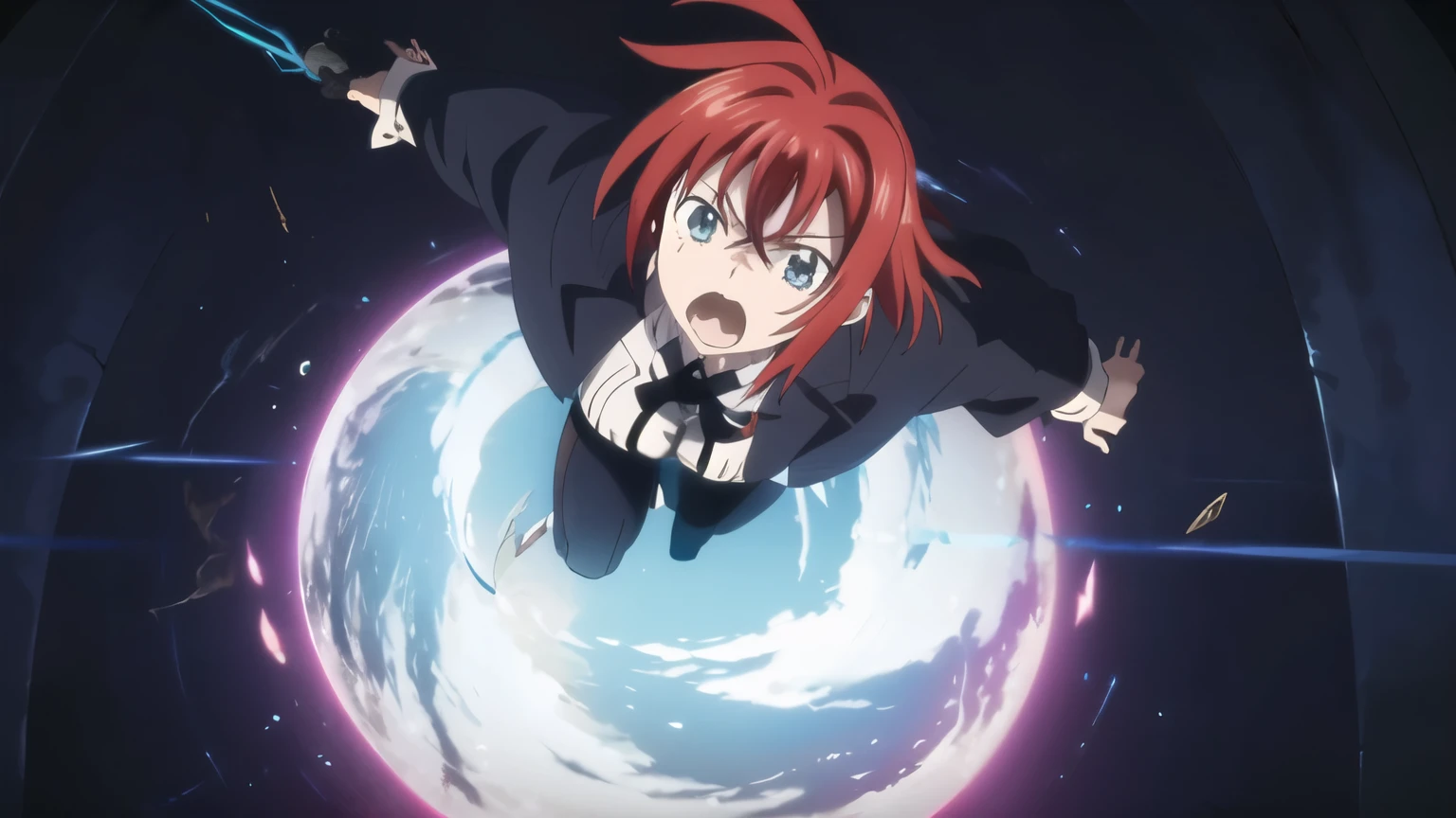 Rias gremory voando pelo ar, anime voador esper, captura de tela de um anime de 2012, Shounen salto,the air is being pushed around her